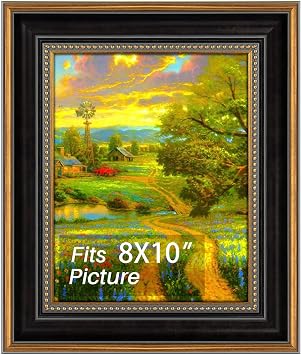 8x10 Ornate Picture Frame,Real Glass,Gold/Black Photo Frame | Includes easel back,build-in hangers.Displays 8x10 artwork on tabletop/wall.Inner bead trim design