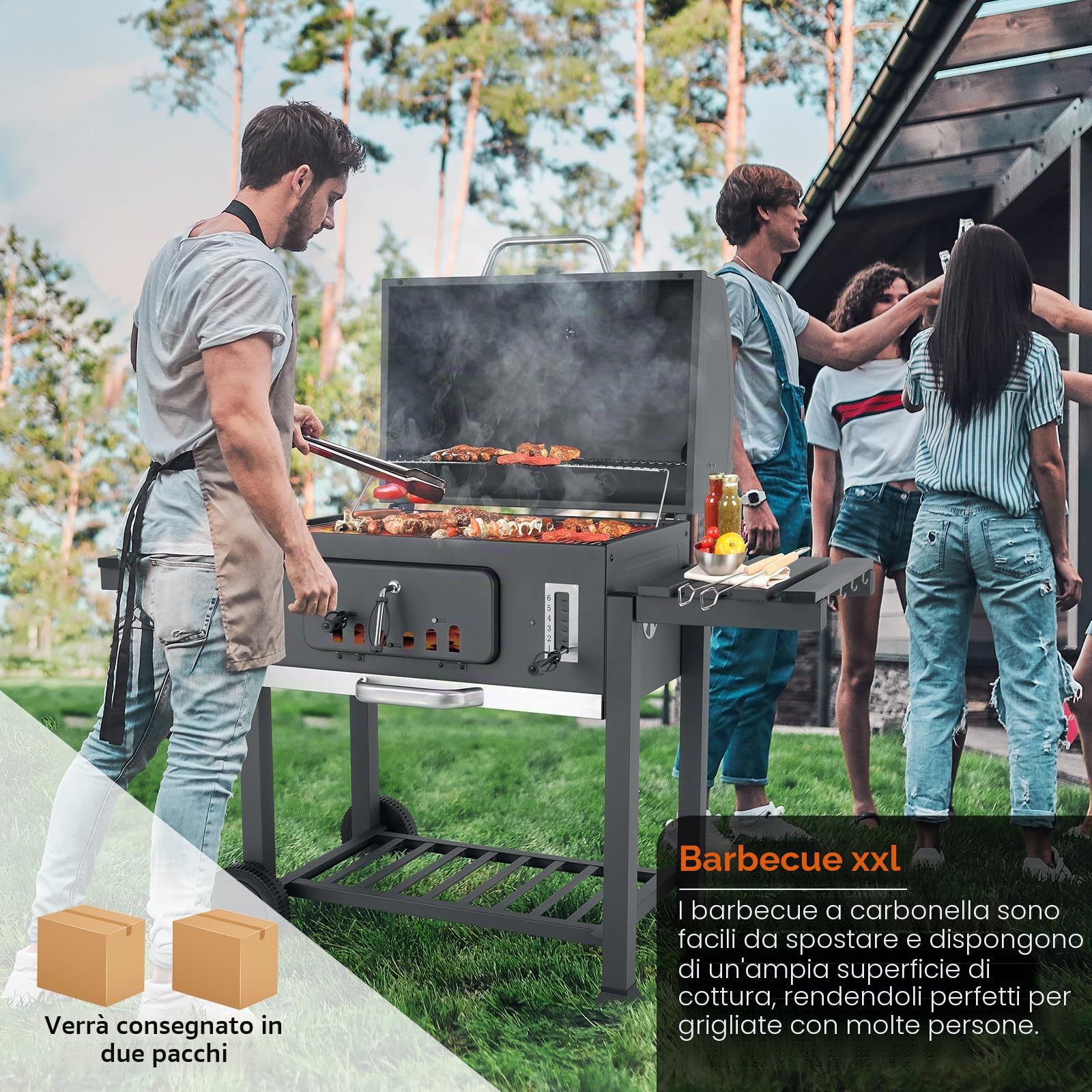 TLSUNNY Barbecue a Carbone, Grande XXXL Barbecue a Carbonella con 2PCS Ruote, Griglia BBQ con Coperchio, BBQ Carbonella con Camino, Regolabile in Altezza, Grigio, 152x150x60cm