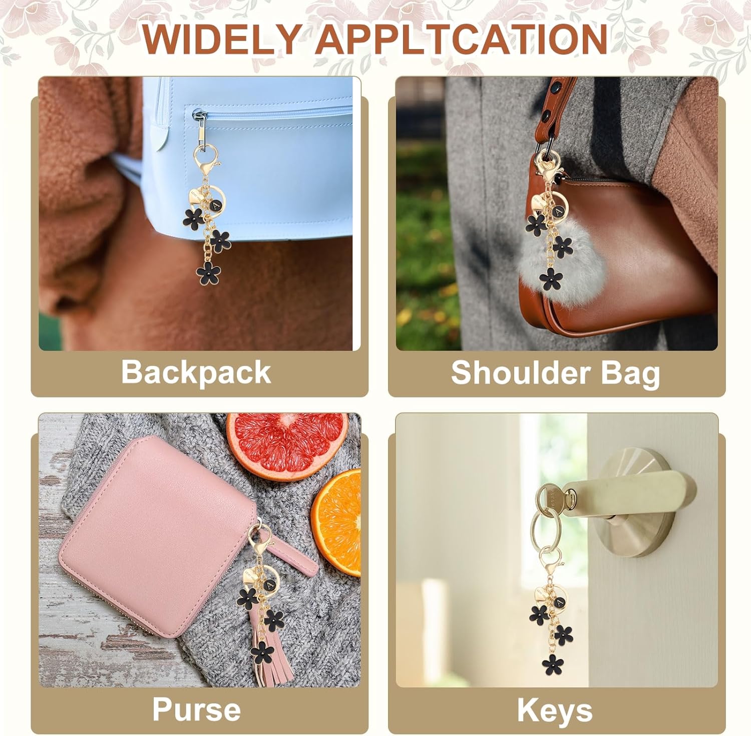 MECCANIXITY Initial Letter Keychain with Love You Heart, Cute Flower Keychain Charm - Image 6