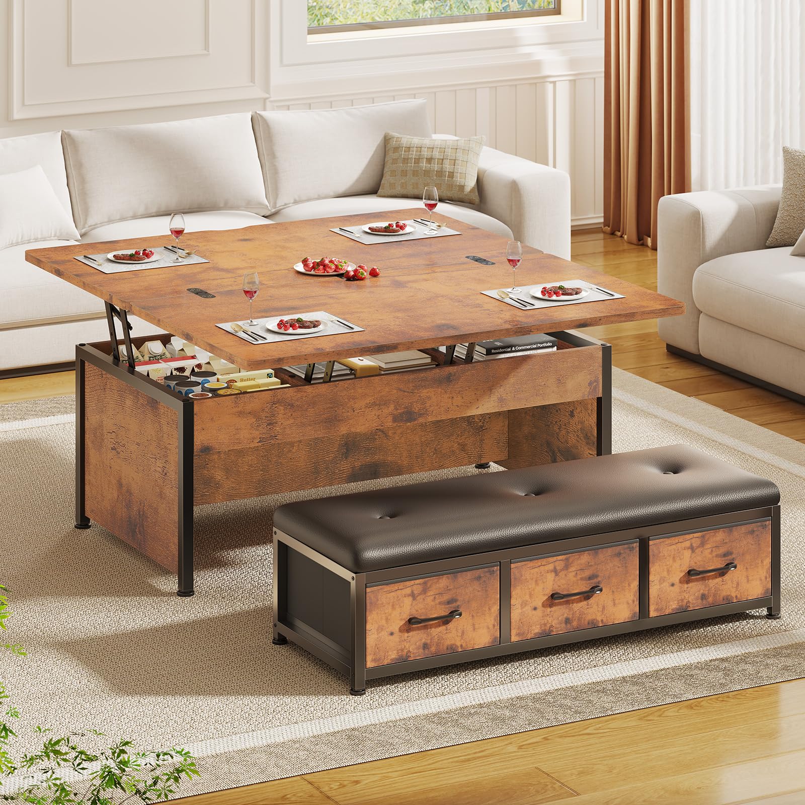 Itaar 43 Inch Lift Top Coffee Table Set with Storage Bench in Rustic Brown