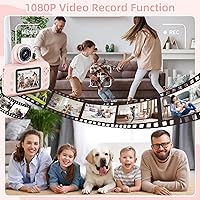 Vista 7 de Cámara para niños para niñas de 3, 4, 5, 6, 7, 8, 9 años, cámara selfie de video HD 1080P con tarjeta SD de 32G, juguetes de cámara digital para Rosa