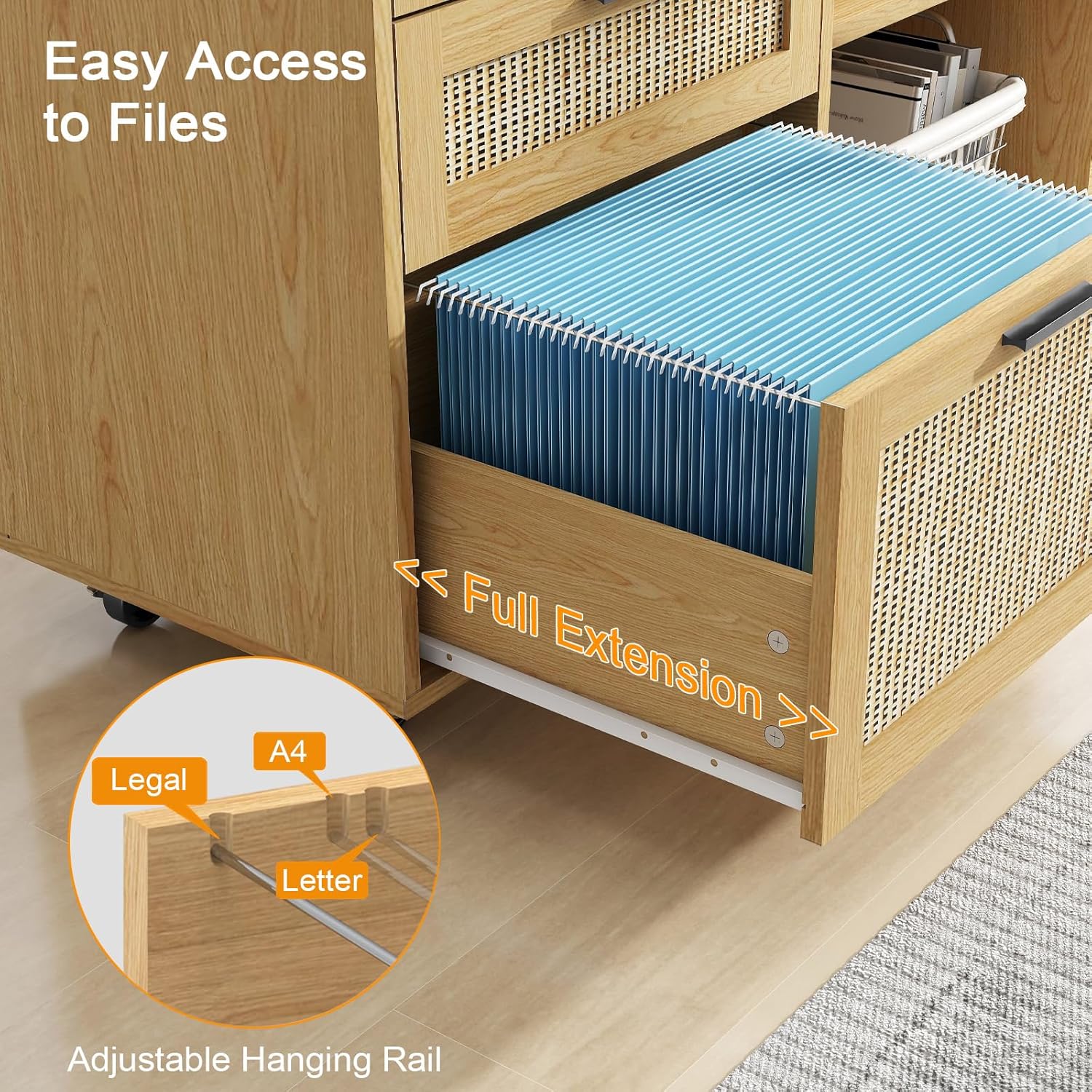 Vabches 3 Drawer Mobile File Cabinet, Wood Lateral Filing Cabinet with Lock Printer Stand with Open Shelves for Home Office Lateral File Cabinet for Hanging Files Letter/A4/Legal Size