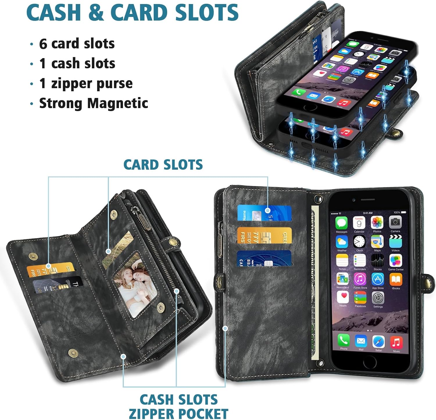 Asuwish Phone Case for iPhone 6 6s Zipper Wallet Detachable Cell Cover with Tempered Glass Screen Protector Strap Flip Card Holder Slot iPhone6 Six i6 S iPhone6s i Phone6s Phone6 6a S6 6SE Women Black