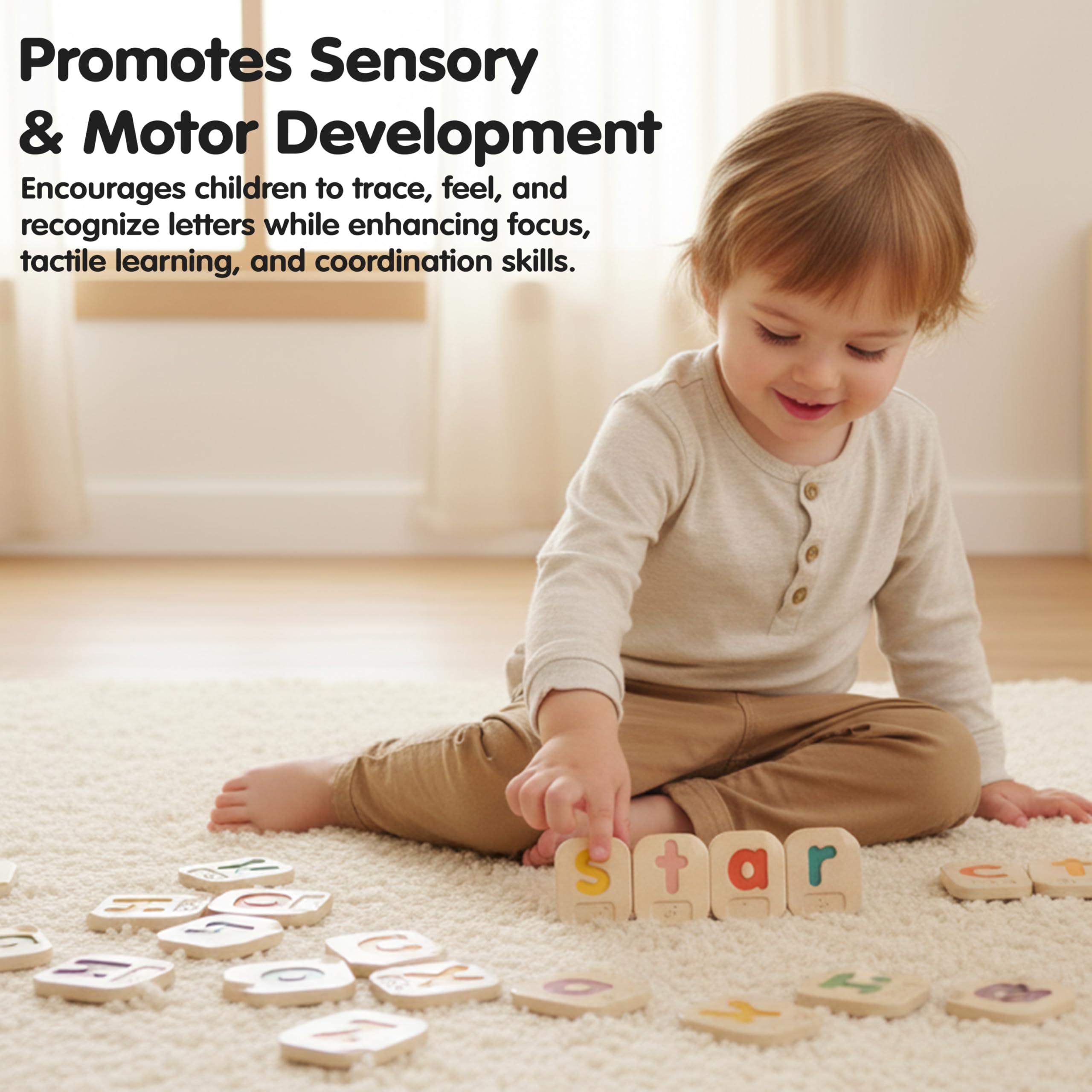 PlanToys Alphabet Braille A-Z - Apprendre le Braille pour Enfants - Jouet Éducatif en Bois - 26 Tuiles en Bois avec Lettres Majuscules et Minuscules