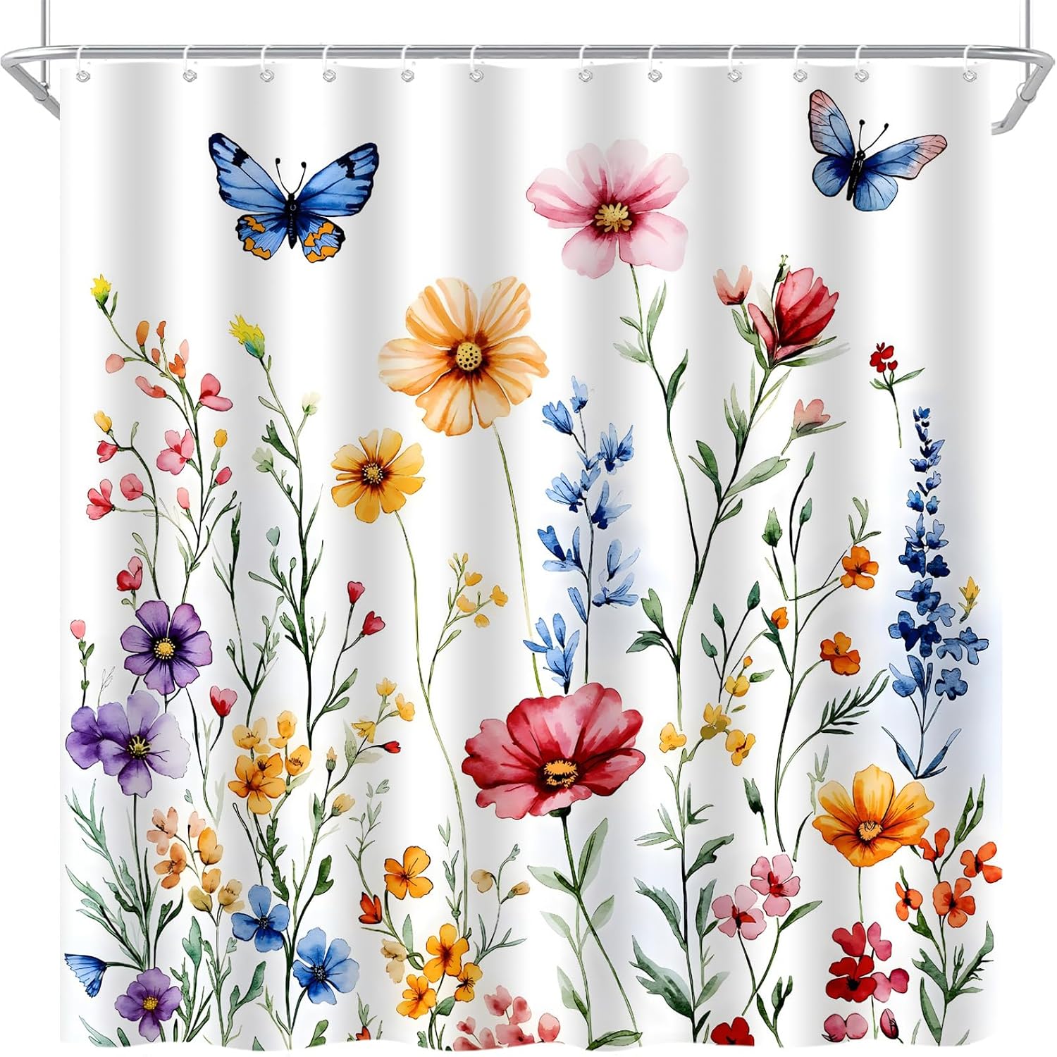 Floral Shower Curtain Spring Flower Butterfly Watercolor Botanical Colorful Wildflower Plant Modern Aesthetic Art Bath Decor Curtain with Hooks, 70x78 Inch