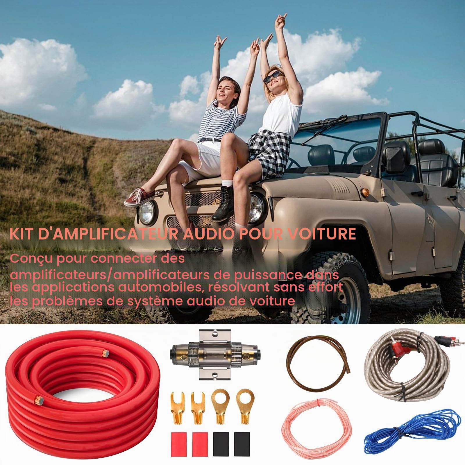 Kit de Câblage Amplificateur, 4GA Amplificateur Haut Parleur Voiture Câble Alimentation Ampli Voiture Câble pour Caisson de Basses, Câblage Amplificateur de Voiture pour La Plupart des Voitures