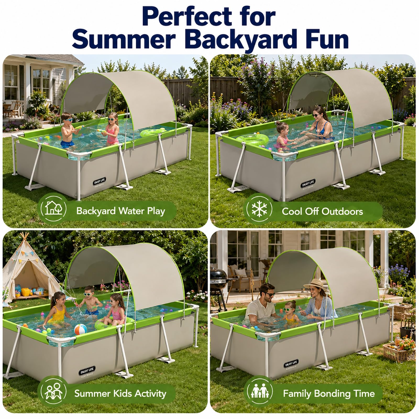 Piscina Fuori Terra Rettangolare con Tettuccio, Piscina Familiare | Grande Piscina da Giardino con Struttura Resistente e Parasole Estivo(74.8in/190cm)