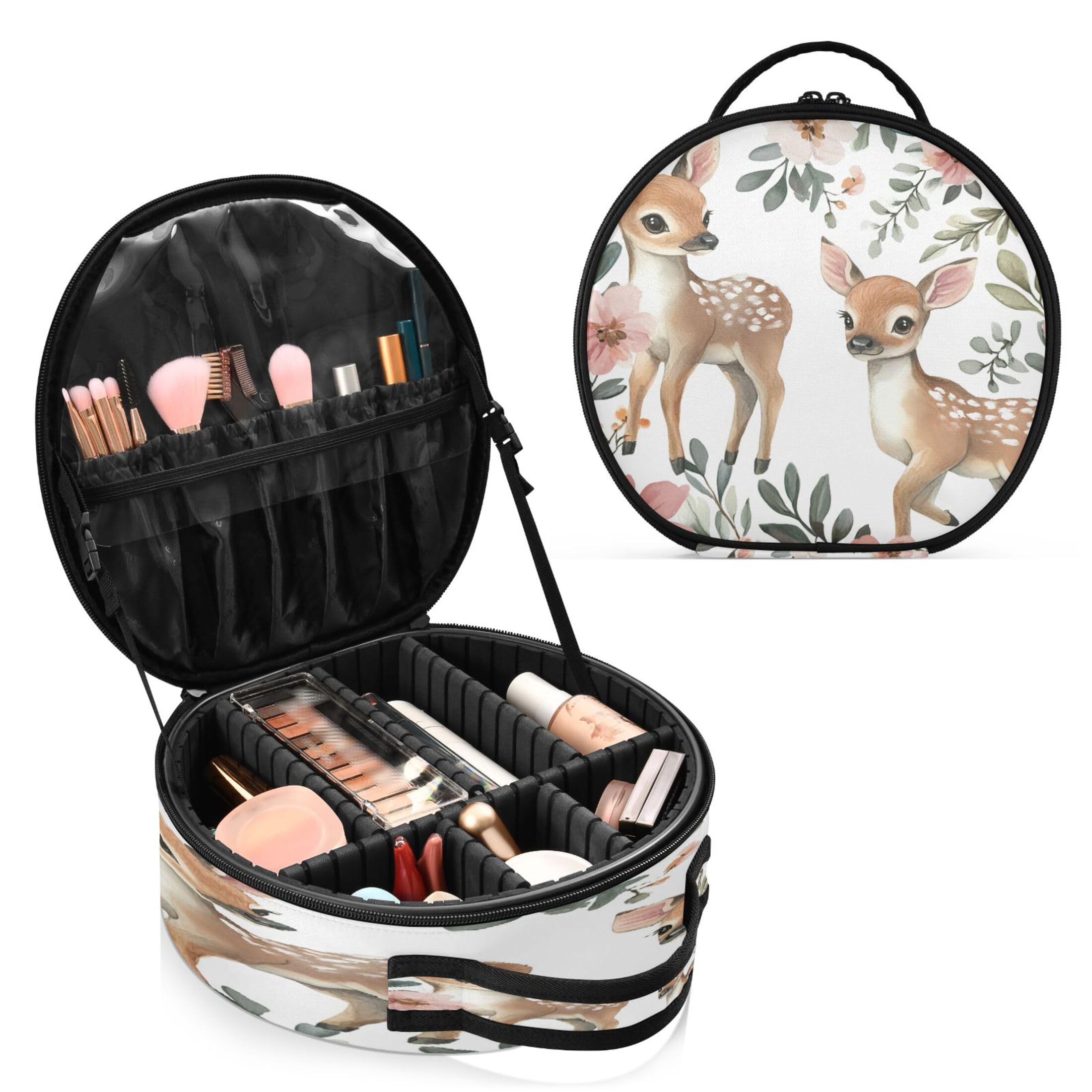 Takiito Deers Fawn Travel Makeup Case Portable Makeup Box Artist Cosmetic Case Organizer With Adjustable Dividers