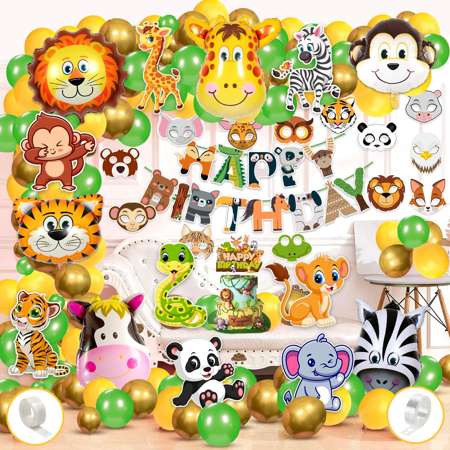 Zyozique Jungle Safari Birthday Decorations / Birthday Party Decoration Combo - Paper Banner with Balloons, Cake Topper, Foil Balloons, Cardstock Cutout, Glue & Masks (Pack of 81)-image-28
