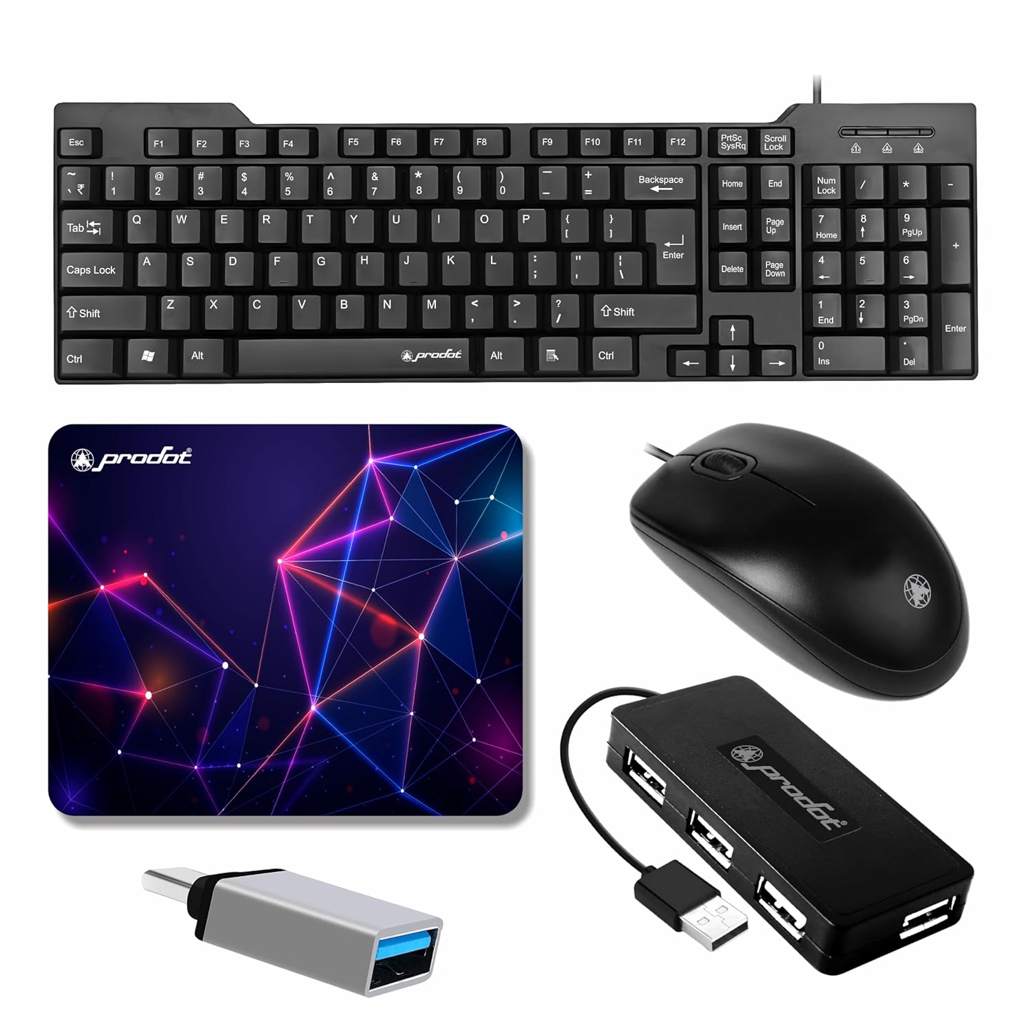 Prodot 5-in-1 Wired Combo Pack | 247s Wired Keyboard + Comfy Optical Mouse + 4 in1 Port USB Hub + USB Type-A to Type-C OTG + Anti-Slip Mouse Pad | for Laptop/Desktop