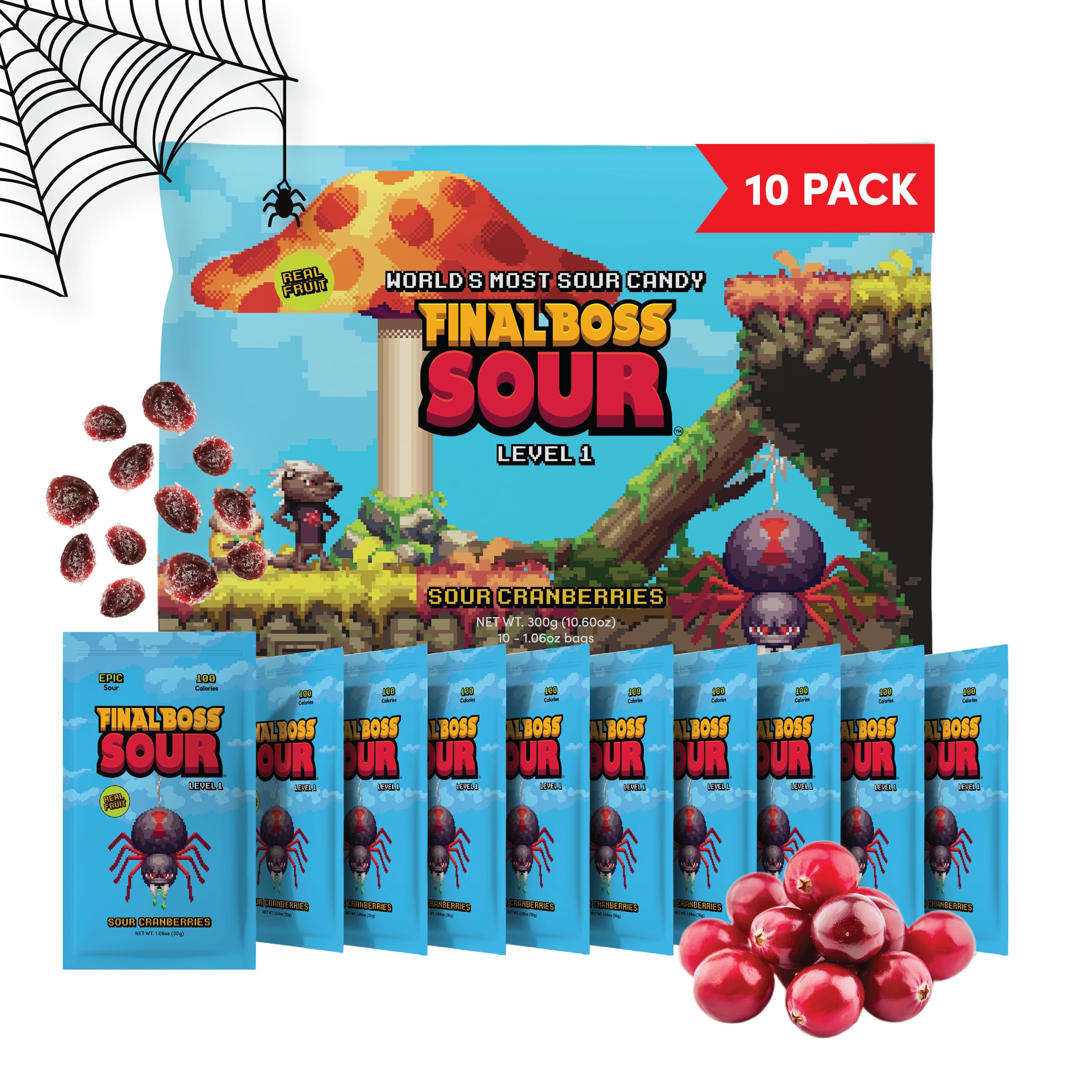 Final Boss Halloween Sour Candy, Sour Cranberries, 10 Pack, Level 1, Fruit Chews with Real Dried Fruit, No Artificial Colors or Flavors, Low Calorie Snack for Kids, Teens, Adults, Lunch Boxes