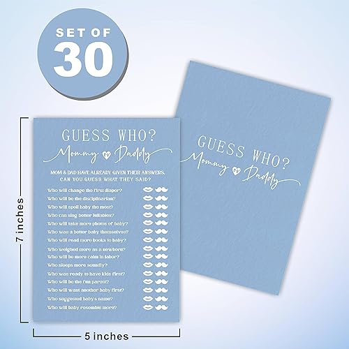 Miniatura 2 de Guess Who Kit de juego para baby shower, caligrafía azul minimalista, 30 tarjetas de juego de relleno de doble cara para baby shower, revelación de