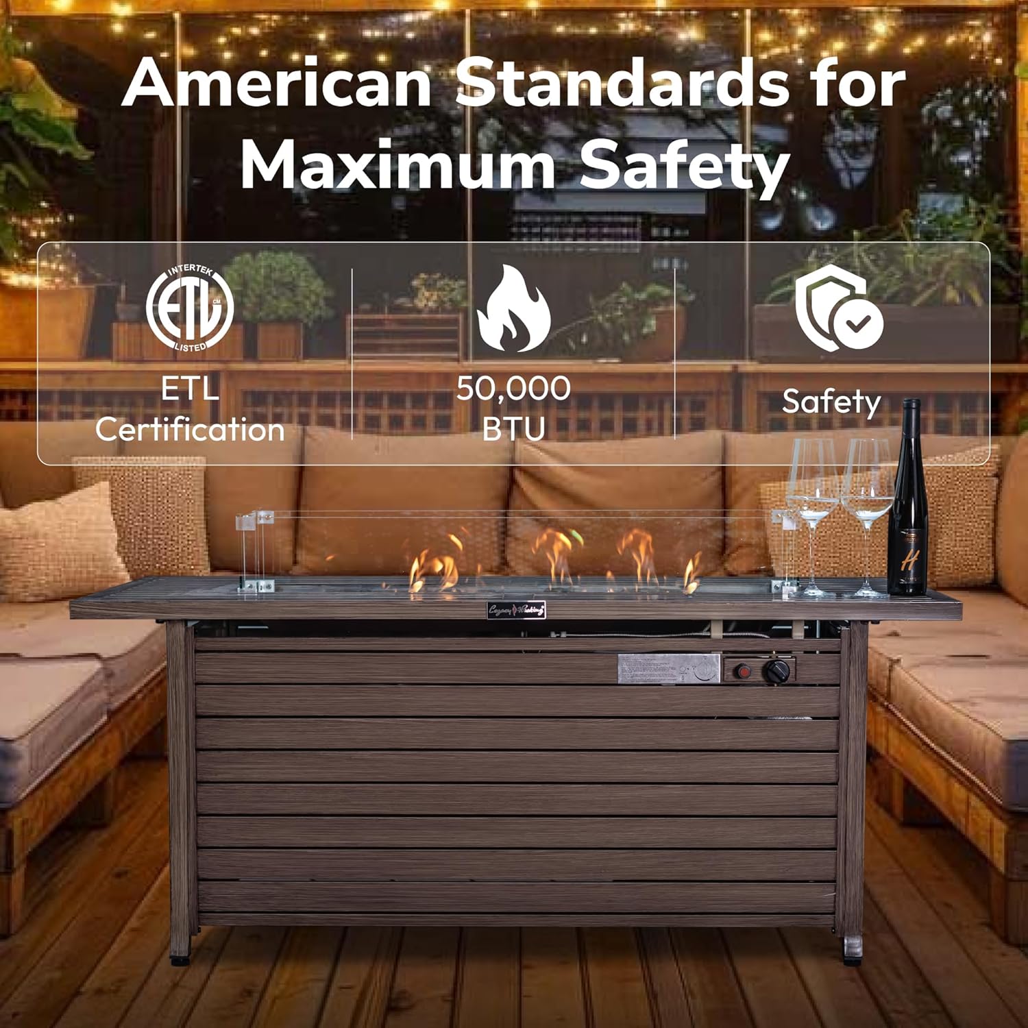 Hexago 57" 50,000 BTU Propane Fire Pit Table with Glass Wind Guard, Table Lid & Protective Cover, Nature Wood Coating, Outdoor Gas Firepit for Patio, Deck, Garden