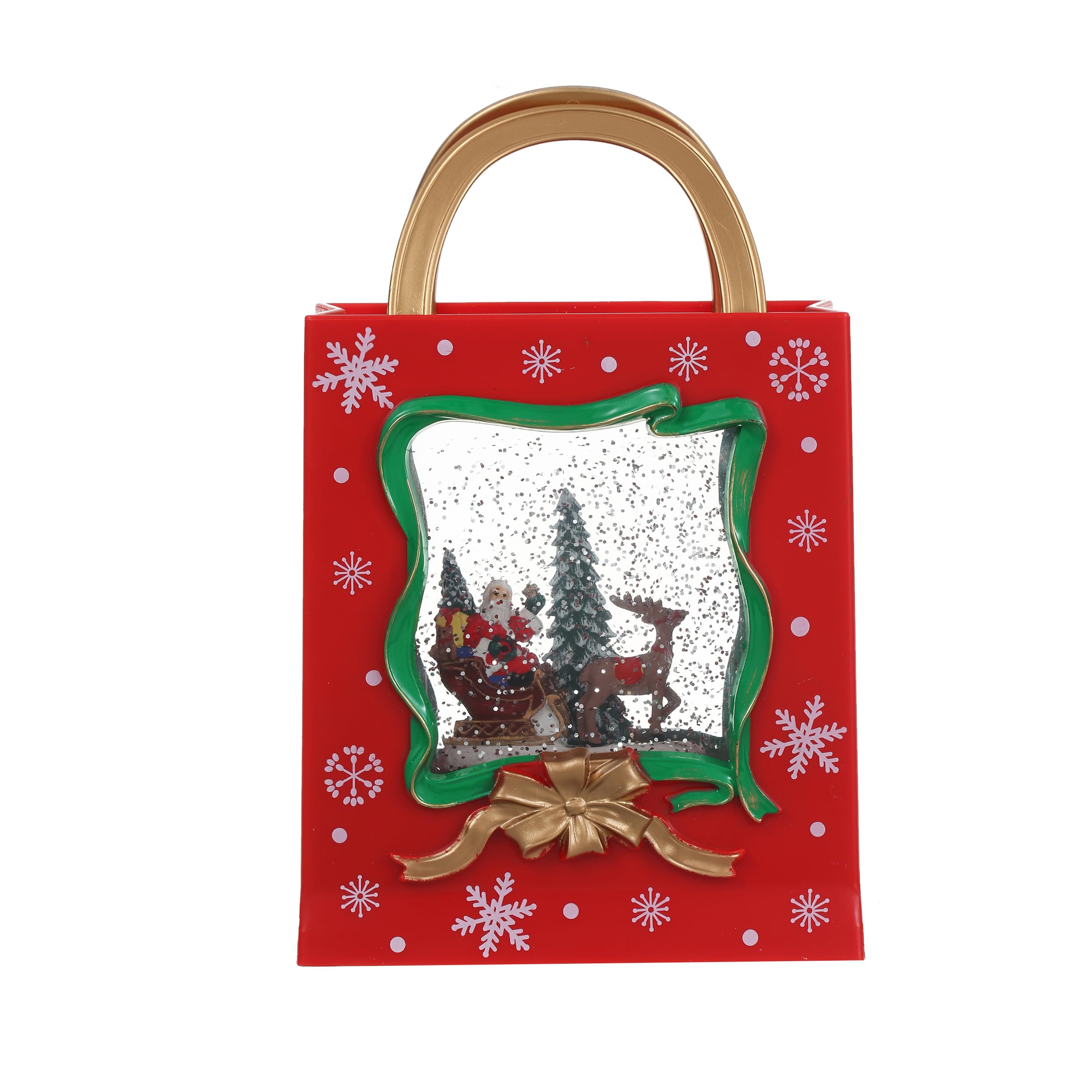 Christmas Red Musical Gift Bag Snow Globe Lantern with Santa on Sleigh Scene USB/Battery Operated Lighted Water Glittering for Memorable Christmas Decoration
