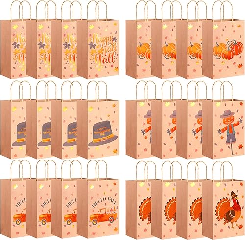 Miniatura 8 de Yexiya Bolsas de regalo de otoño a granel de papel kraft de Acción de Gracias, bolsas de dulces de otoño con asas, bolsas de golosinas de otoño para