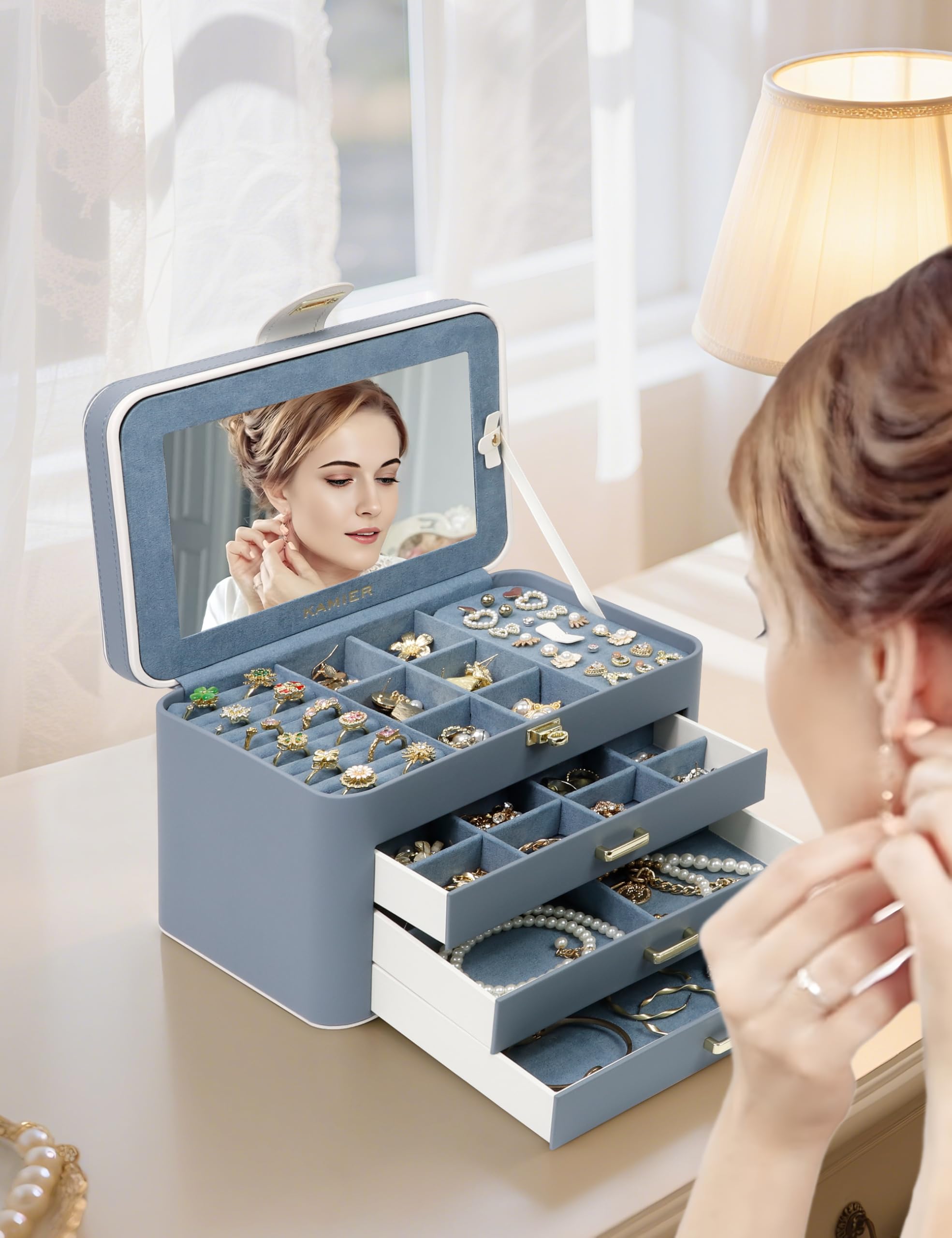 KAMIER 4-Layer Jewelry Organizer Box With Mirror & 3 Drawers – Large Storage For Earrings, Necklaces
