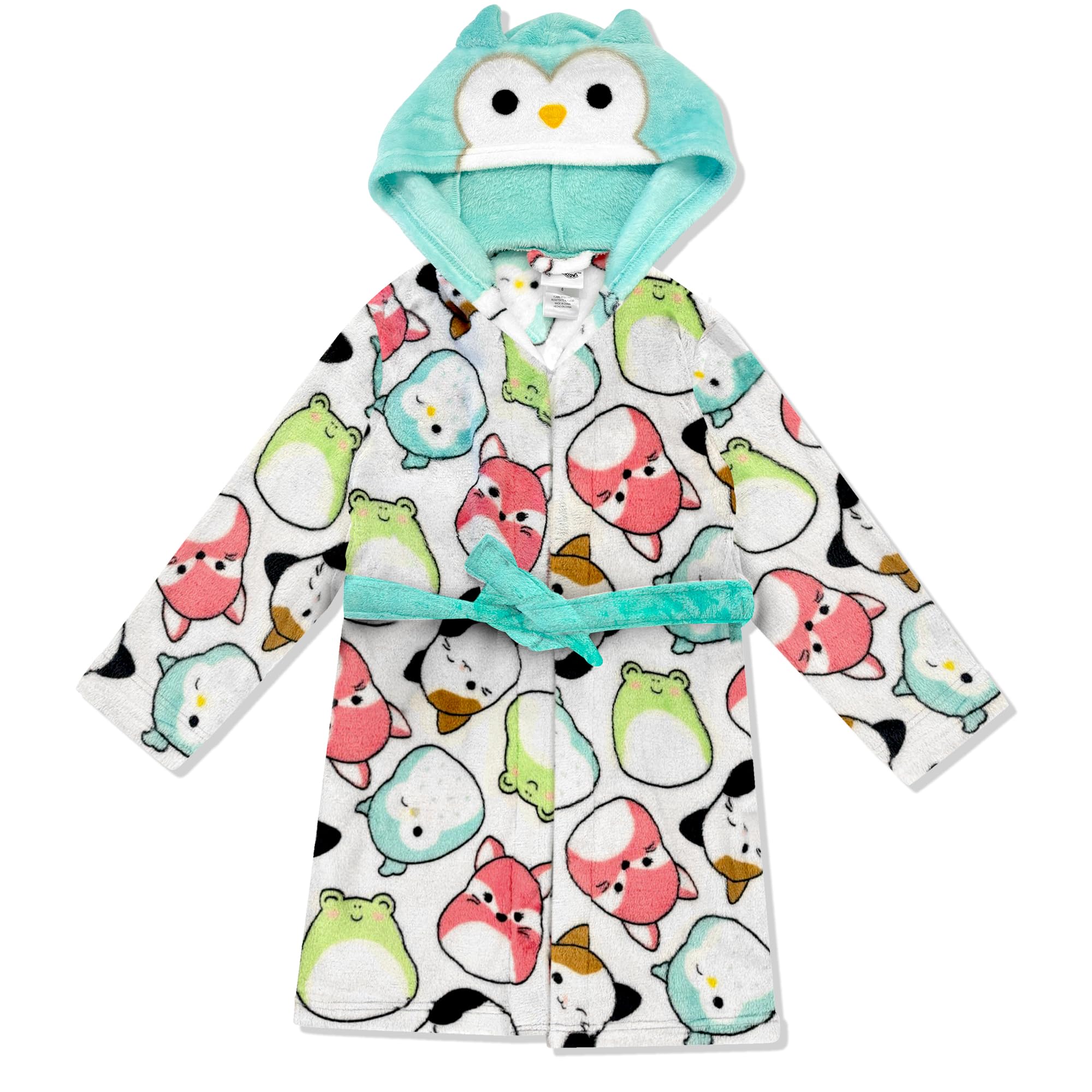 Squishmallows Girls Fleece Kids Hooded Robe - Super Soft Plush Kids Spa Bathrobe with Pockets, Sizes 6-12 - Official Product