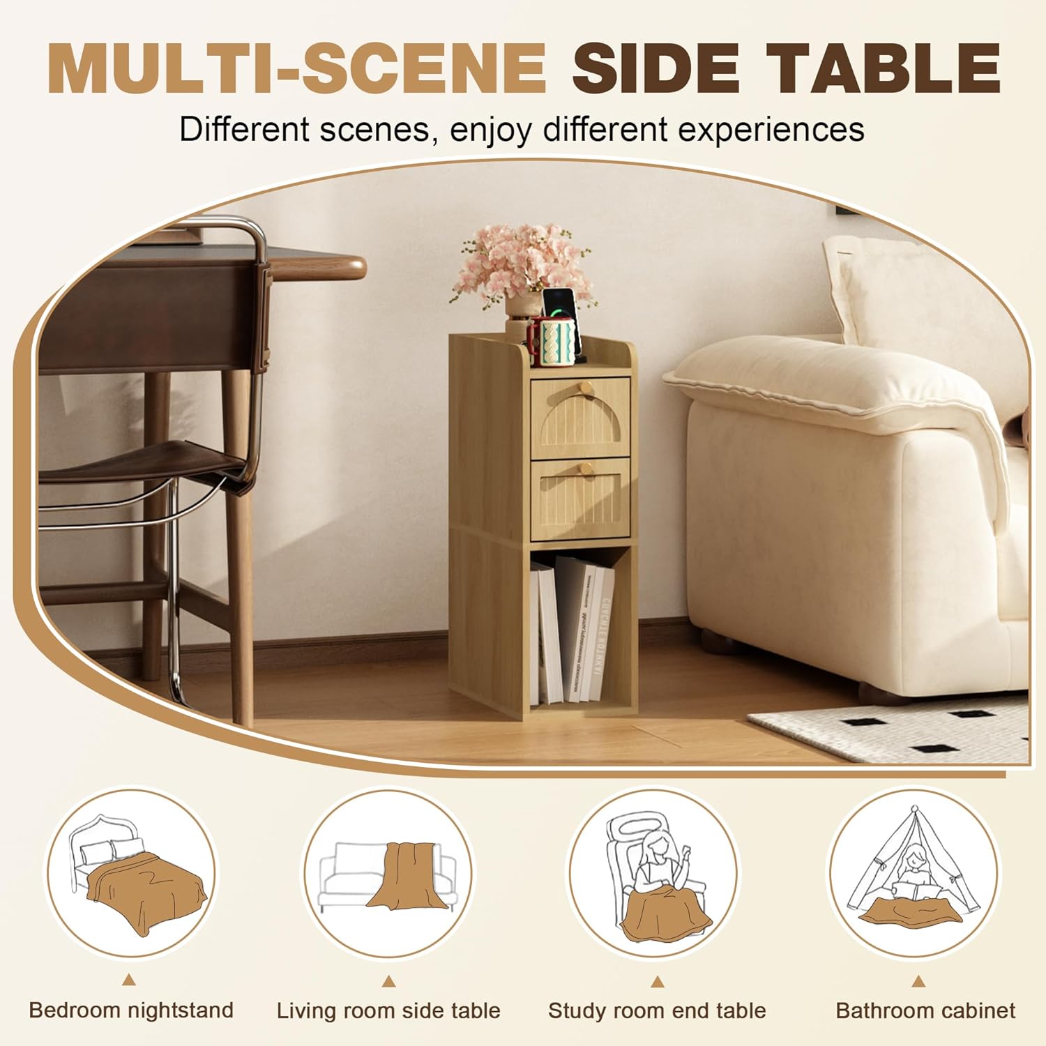 7.87" Narrow Nightstand, Fluted Slim Bedside Table with 2 Drawers, Mid Century Modern Small End Table with Gold Metal Handles, for Bedroom, Living Room & Small Spaces - Natural