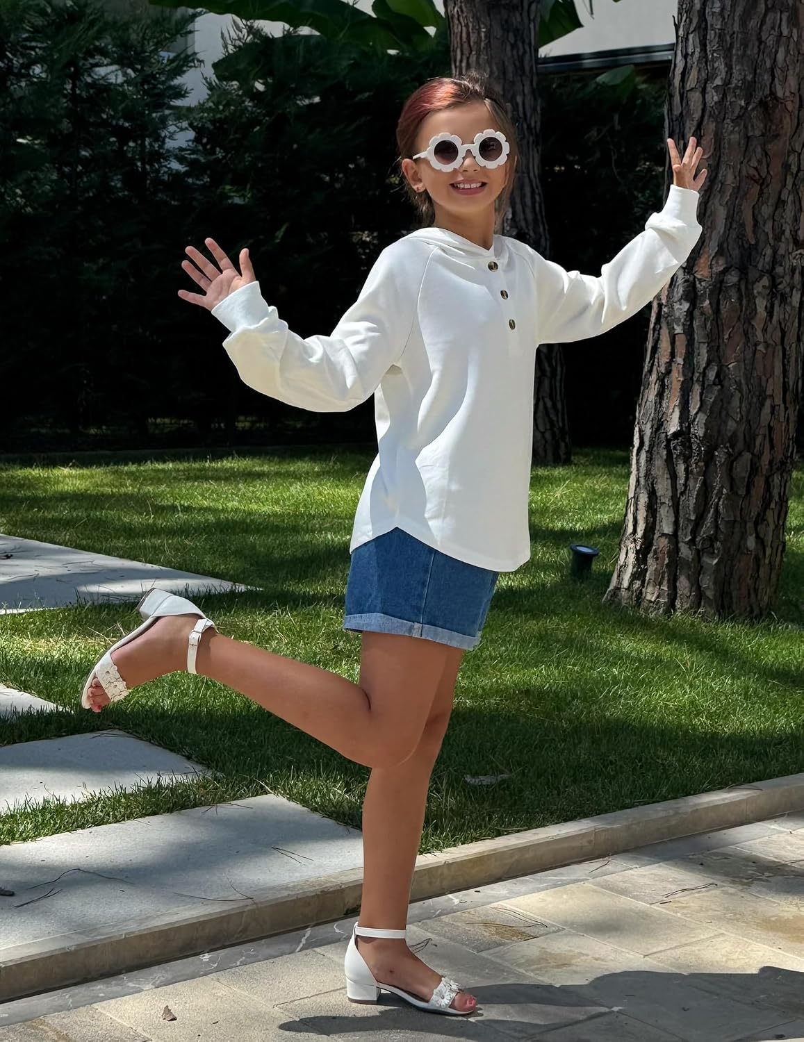 Arshiner Girls Button Up Hoodies Kids Casual V Neck Sweatshirt Girl Long Sleeve Shirts Tunic Tops Curved Hem