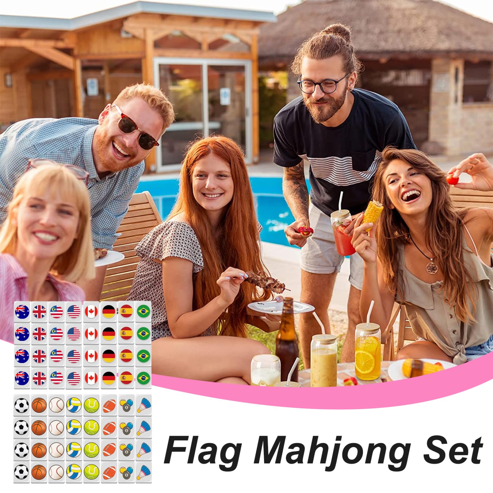 64 pezzi 24 mm Mini Mahjong Set bandiera e modello di palla Mahjong da viaggio per la festa di picnic primaverile