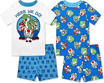 Boys 4 Piece Pajama Set - Mario, Sonic, Pokemon Snug-Fit Short Sleeve & Shorts Kids Sleepwear, Great For Summer - Official