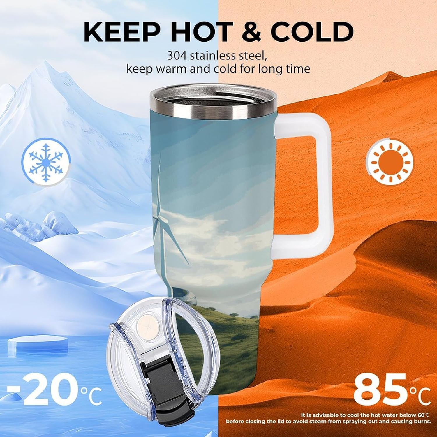 Wind Turbine Tumbler 40 Oz with Handle&Lid Large Car Cup Stainless Steel Vacuum Travel Mug Insulated Water Bottle Leak-proof Portable Coffee Cup for Home Car Outdoor