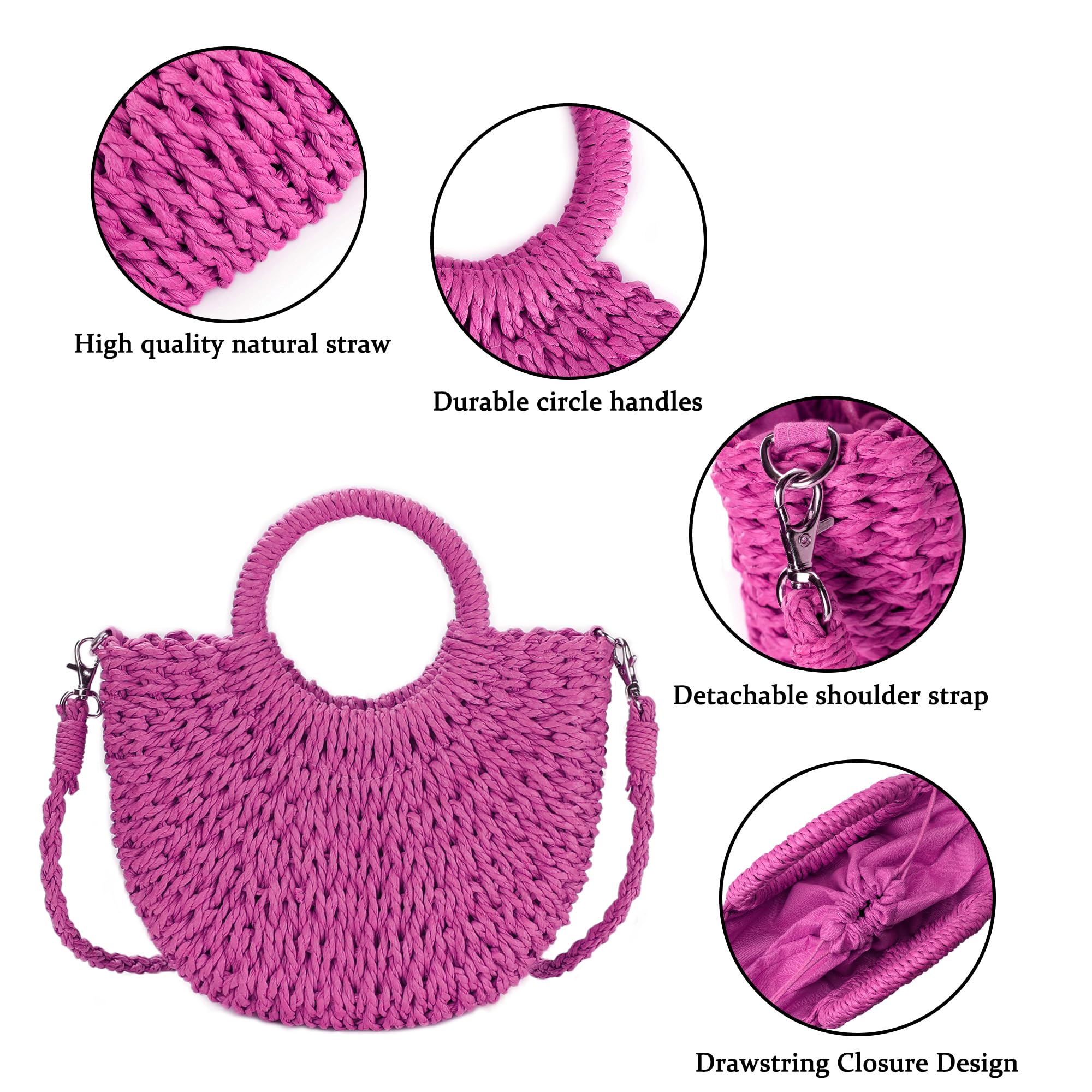 Sac de plage en paille tissée pour femme avec poignée sur le dessus, rose rouge