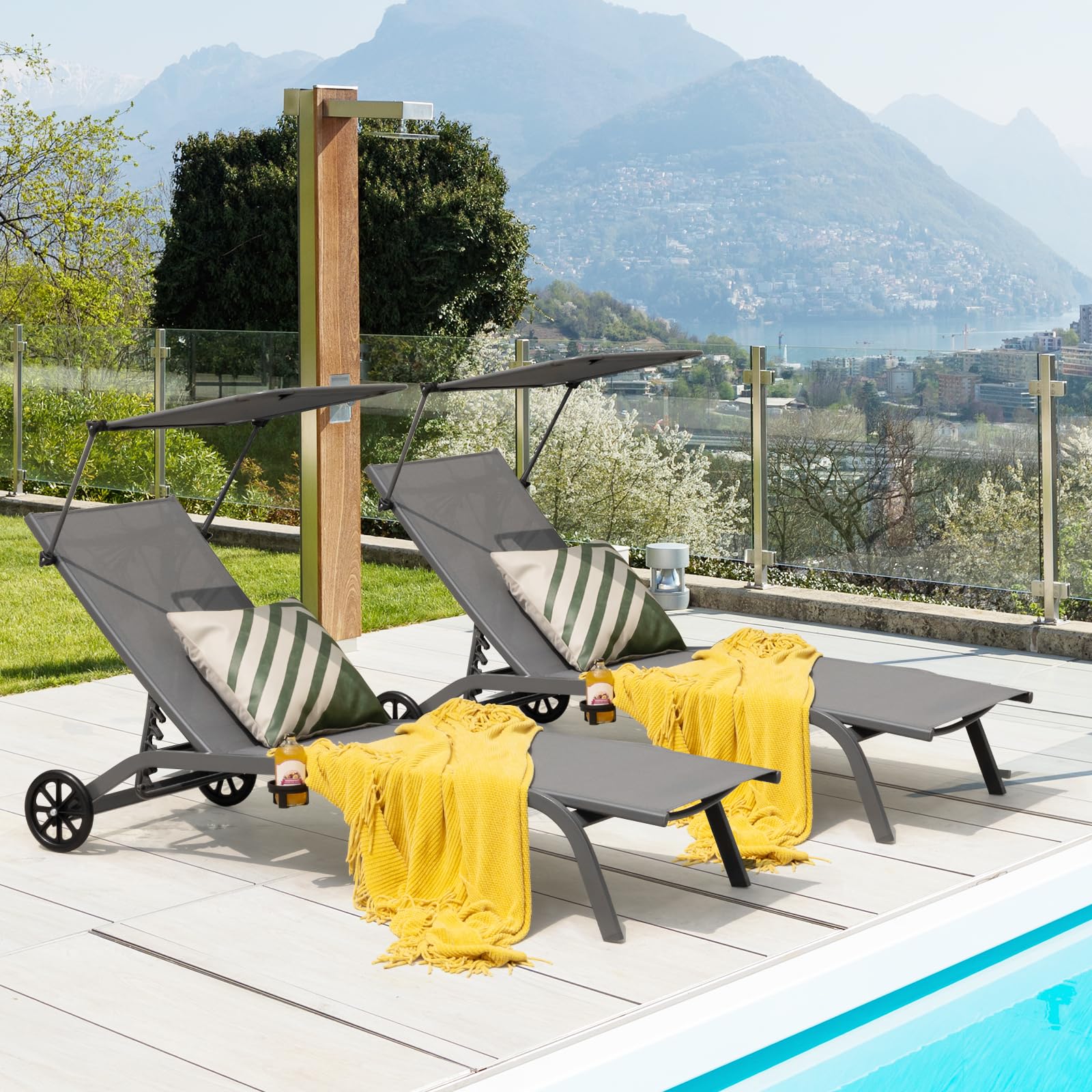 GYMAX Lettino Prendisole da Giardino, Sedia a Sdraio con Schienale Regolabile e Protezione Solare, Lettino da Giardino Salvaspazio con Ruote e Portabicchieri, Terrazza e Spiaggia (Grigio)
