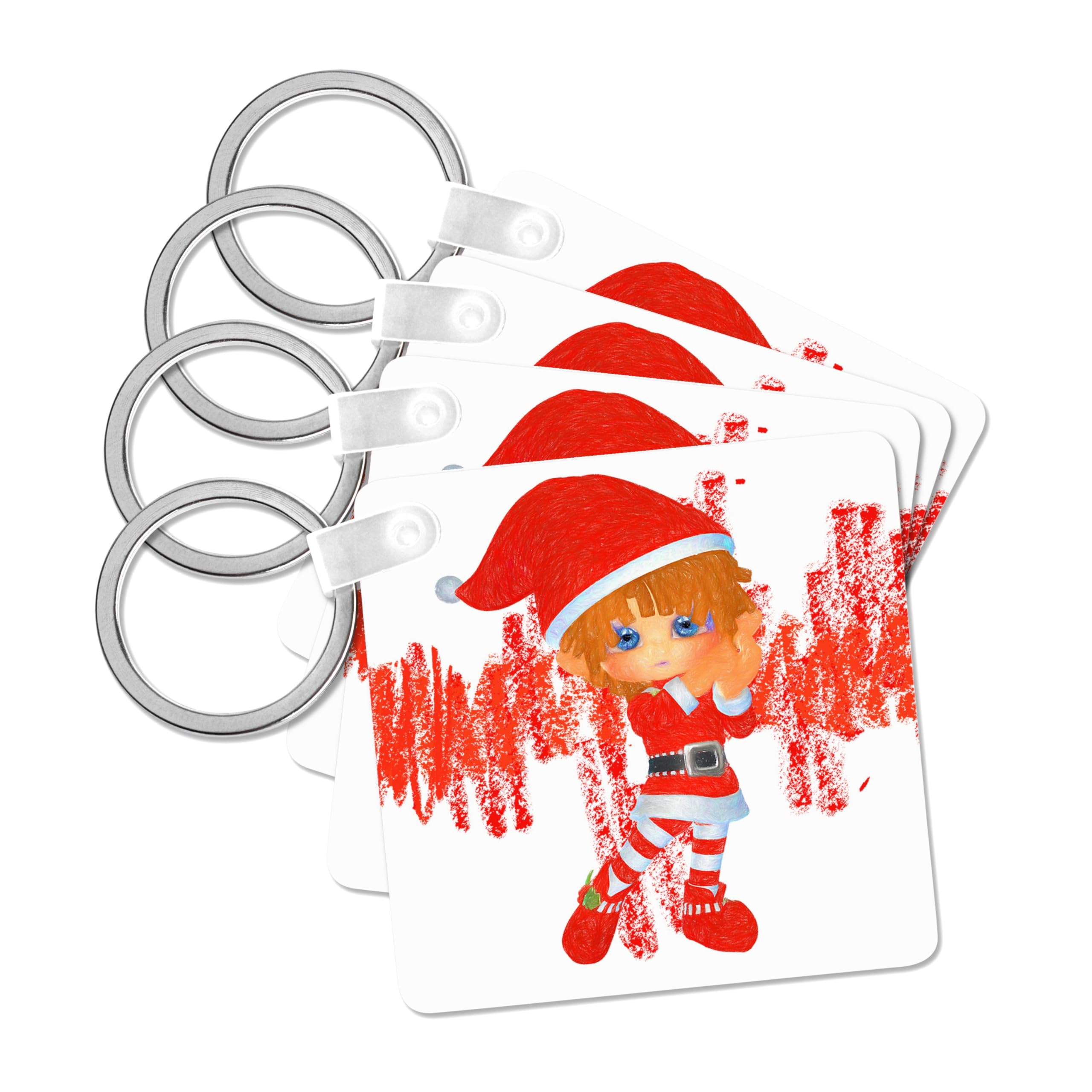3dRose, Crayon Styled Elf in Red with Scribbles Kid Friendly Holiday, set of 4 Key Chains