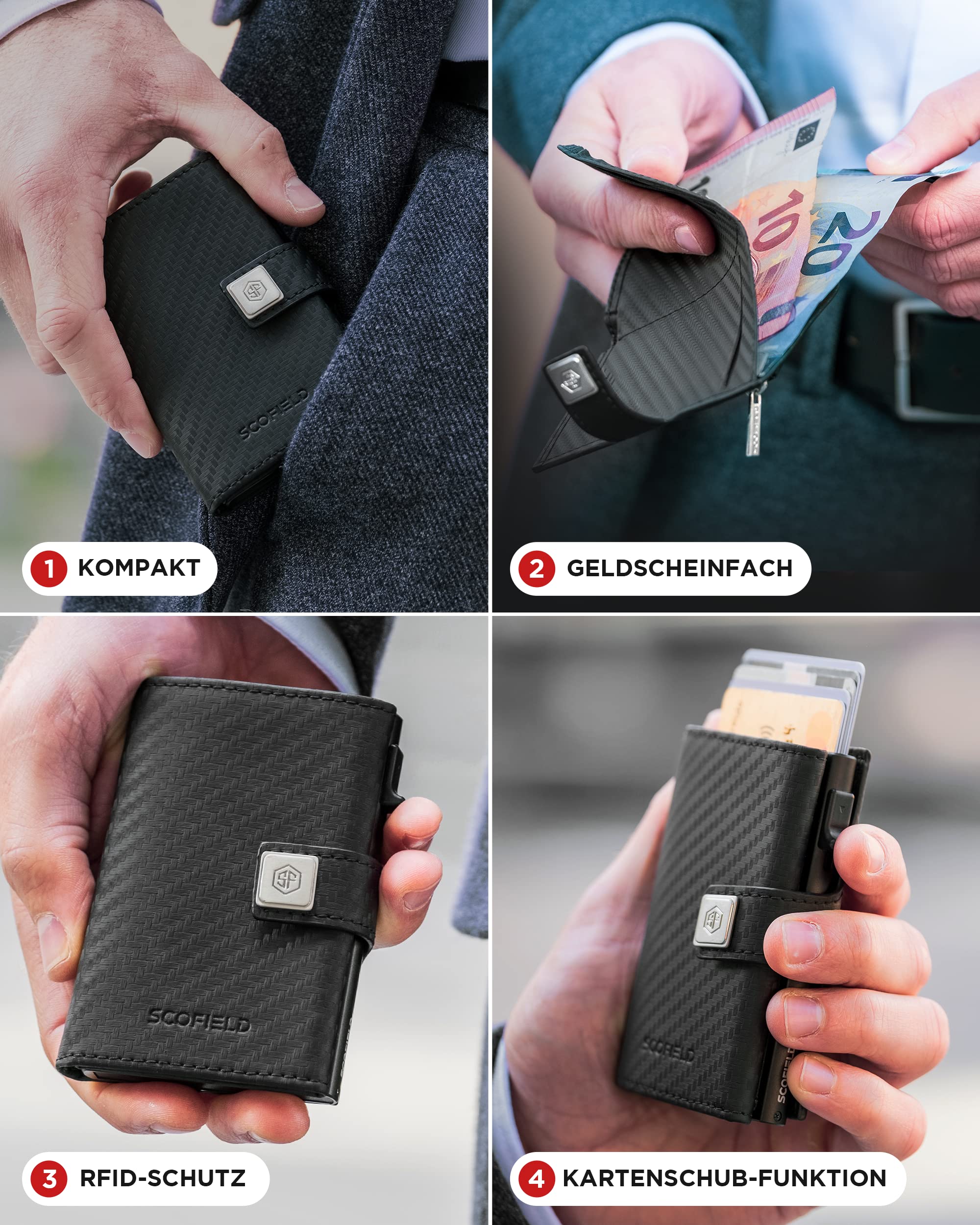 SF SCOFIELD Trinity Portafoglio sottile con scomparto per monete I Custodia per carte di credito da uomo per 10-12 carte I RFID - Protezione I Wallets for Men I Smart Wallet I Case