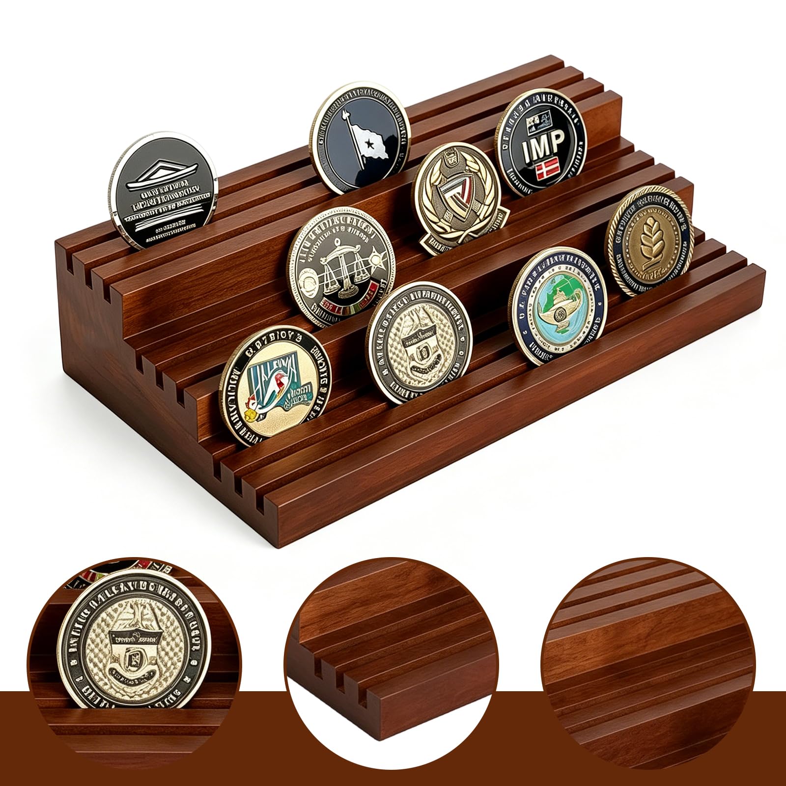 3-Stufig Münzhalter Holz: Massivholz Coin Display, 27*15*6cm Handgefertigter Münzen Ständer, Display Ständer für 15-18 Münzen, Medaillenhalter für Sammel- und Ausstellungszwecke