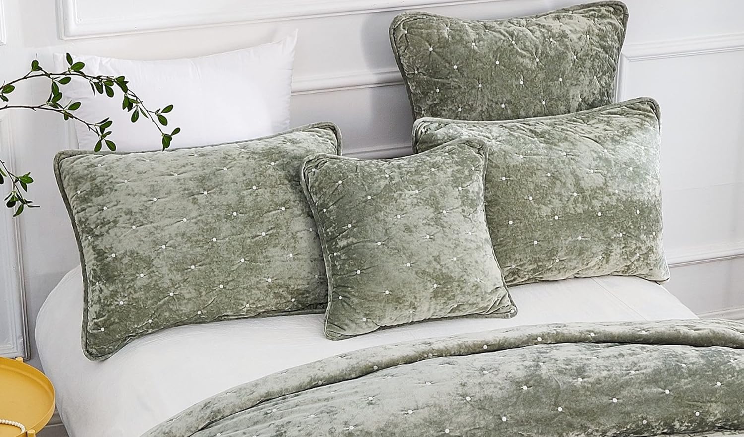 Tache Throw Pillow Cover Light Pastel Green Velvety Dreams Luxury Velveteen Super Soft Plush Diamond Tufted Solid Cushion Covers 2 Piece Set, 18 x 18