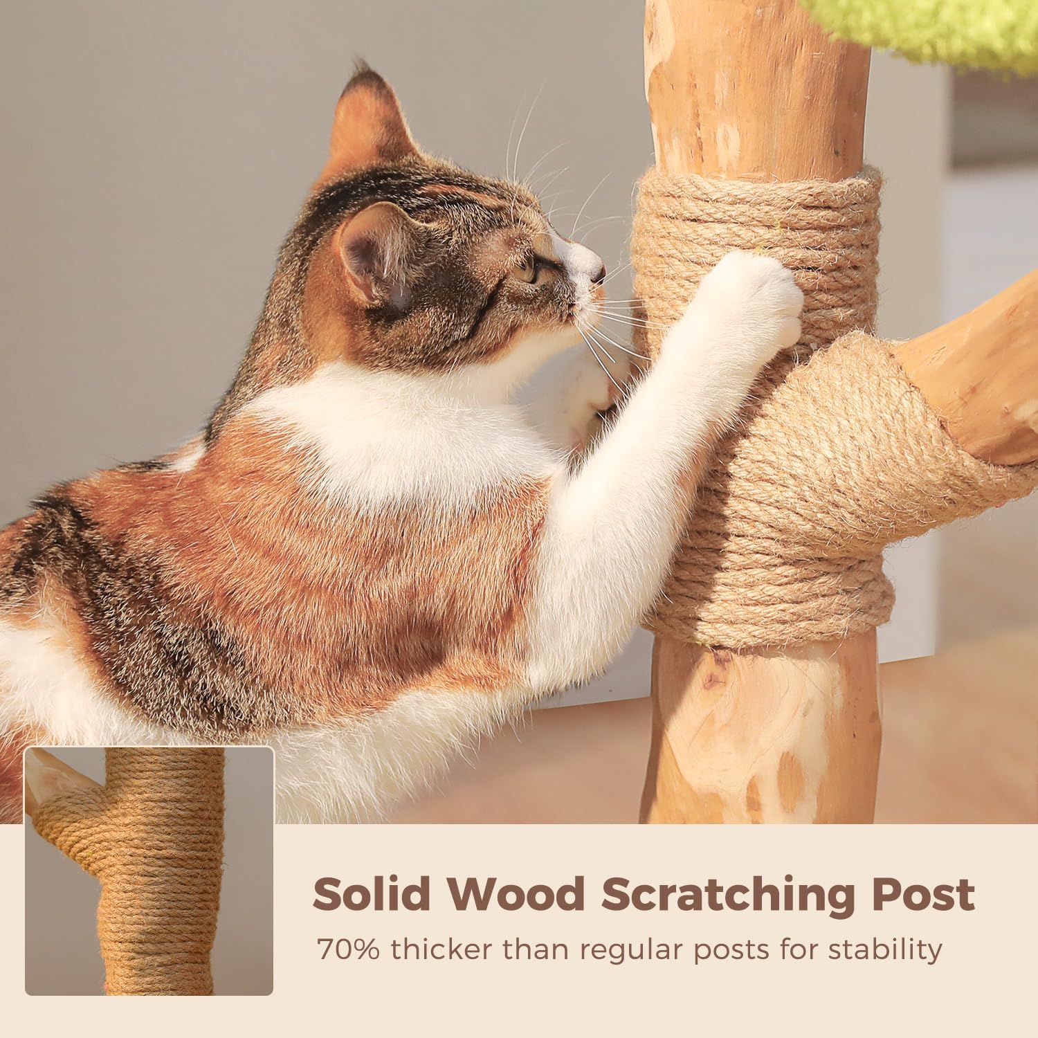 MUTTROS Wood Cat Tree with Flower Perch, 53.5" Modern Cat Tower w/Natural Solid Wood Scratching Post (φ3.8in), Large Heavy Duty Forest Cat Tree Furniture w/2 Condos for Indoor & Multi-Cat Household