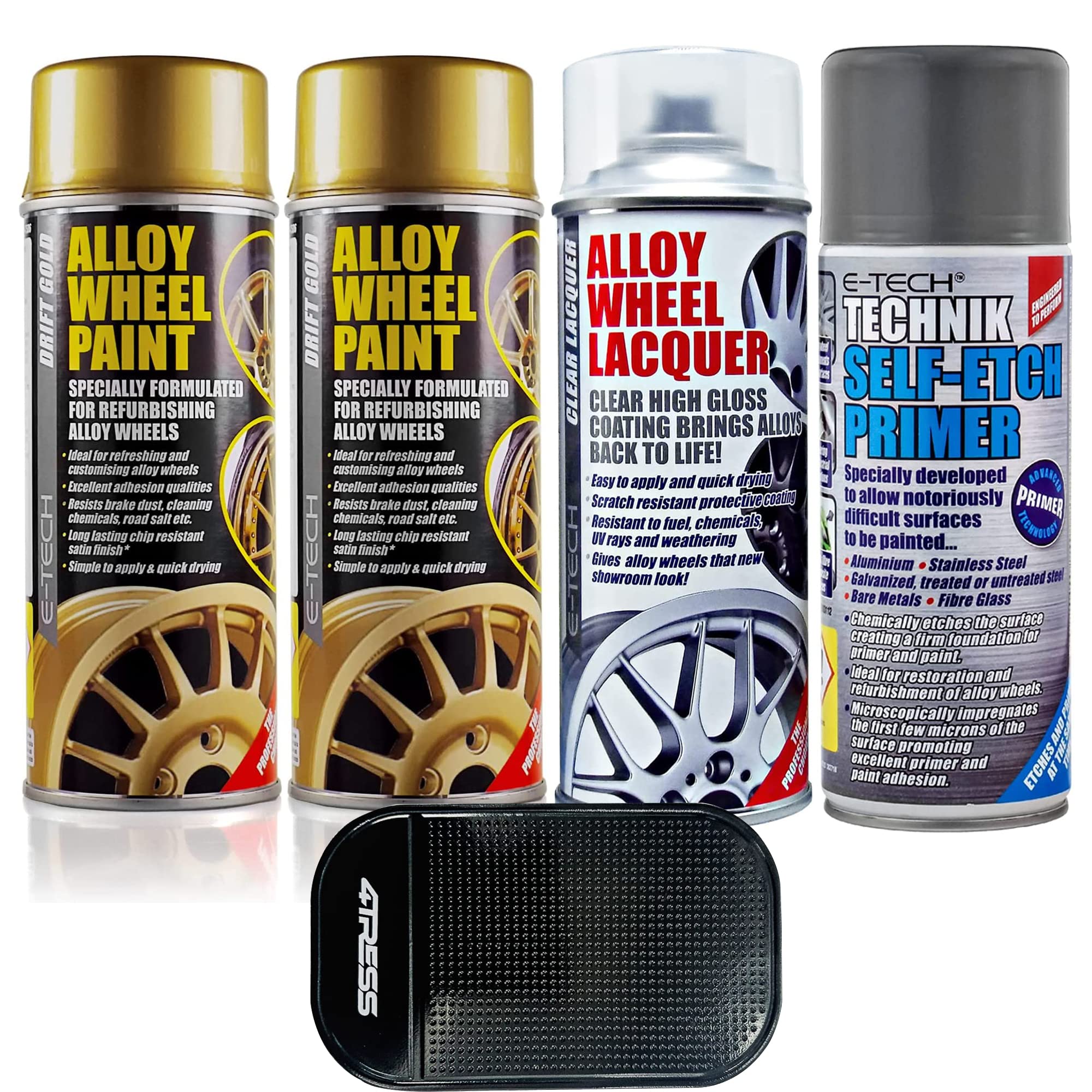 E-Tech 2 x 400ml Drift Gold Chip Resistant Alloy Wheel Spray Paint, 1 x Clear Lacquer Car Alloy Wheel Paint, 1 x 400ml Self Etch Grey Primer Non Slip Car Dash Mat
