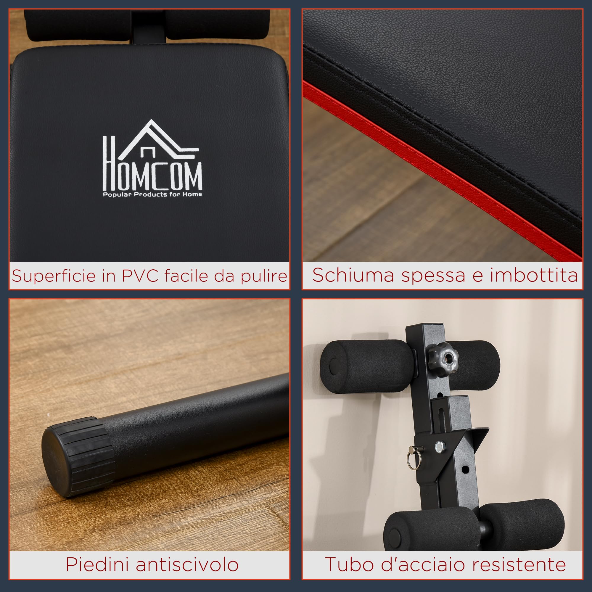 HOMCOM Panca per Addominali Pieghevole e Regolabile, Panca Pesi da Palestra Multifunzione con Schienale Imbottito, 47x139x51-69cm, Nero e Rosso