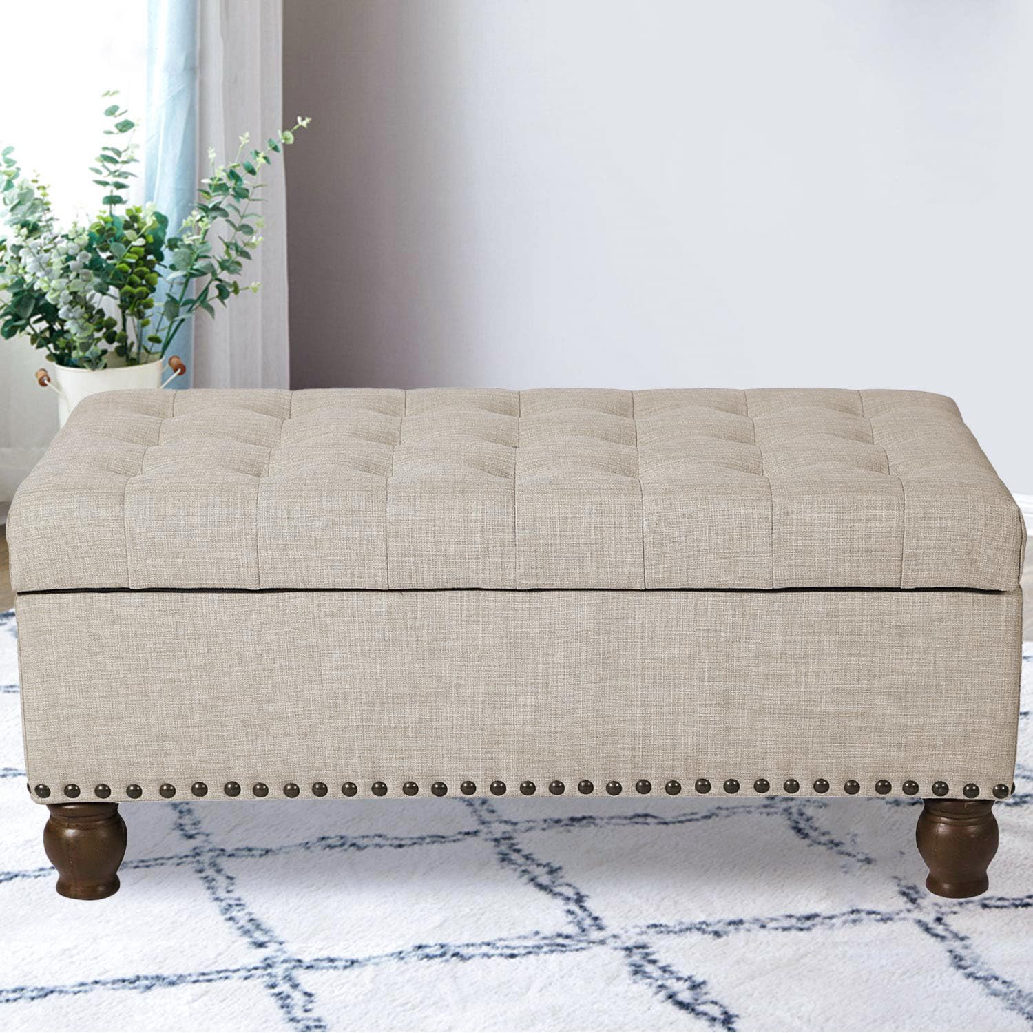 Asense Storage Ottoman Bench,20 x 40 x 17.5 Inches Storage Bench,Foot Rest with Legs,Tufted Ottomans with Safety Hinge,End of Bed Bench for Bedroom,Living Room,Entryway,Light Gray