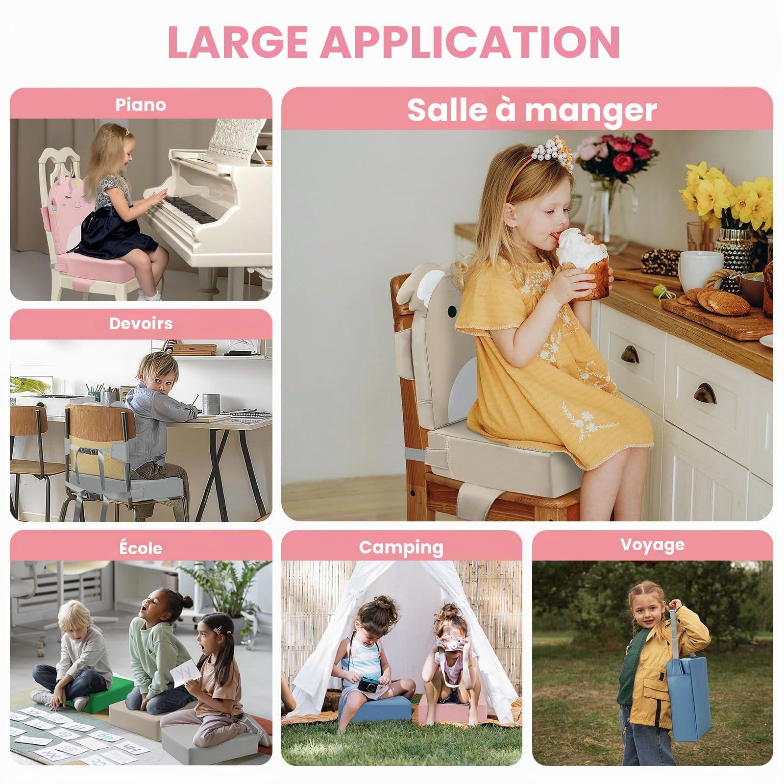 Rehausseur de Chaise Enfant PU 10cm avec Dossier, Lavable - Licorne Rose | Portable Antidérapant Coussin Rehausseur Bebe Enfant et Sangles de Sécurité Réglables en 3 Points