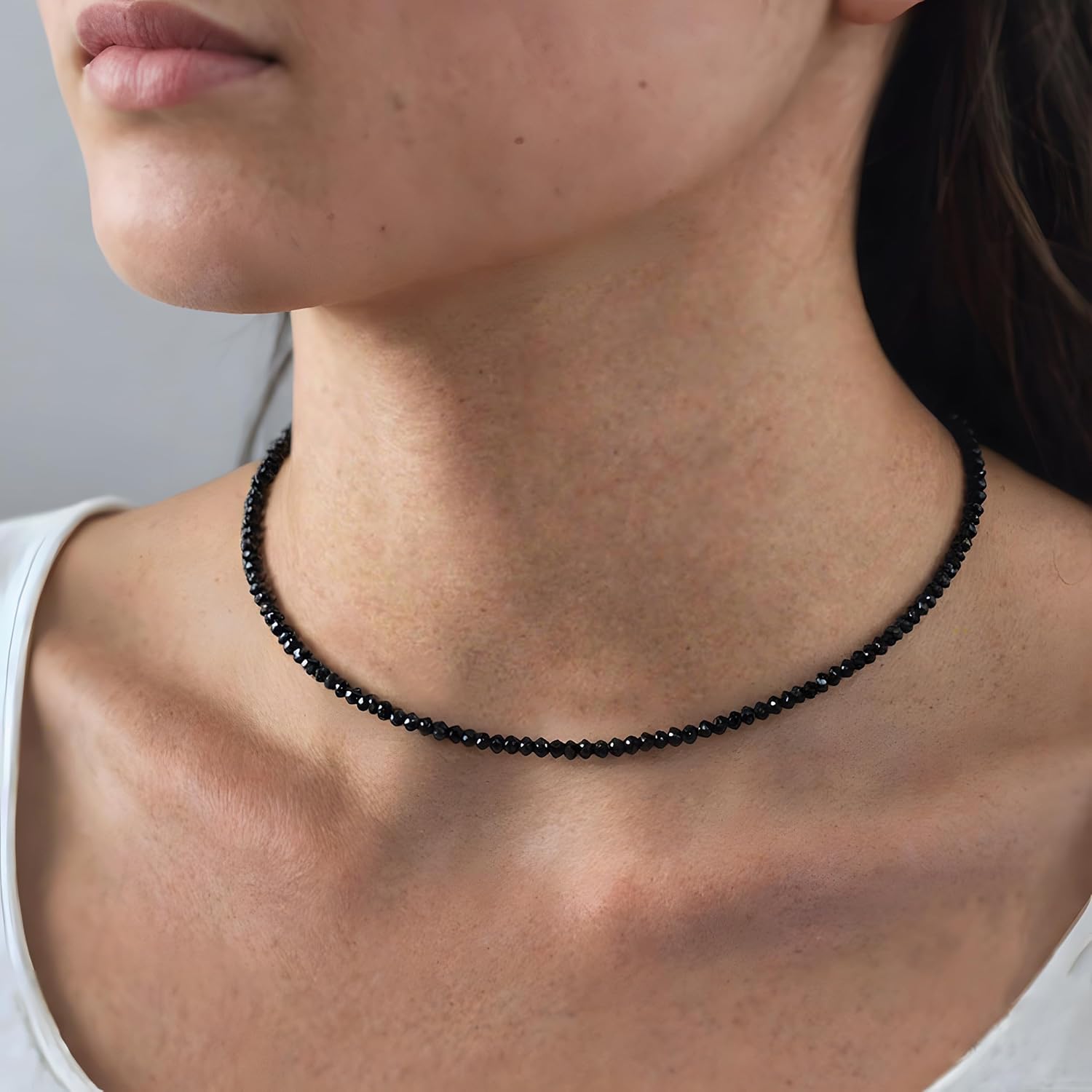 Dainty Black Spinel Beaded Choker Necklace for Women Trendy Natural Shiny 3mm Black Agate Crystal Stone Necklace 18k Gold Plated Chain Adjustable Cute Necklace Jewelry for Teen Girls Gifts - Image 3