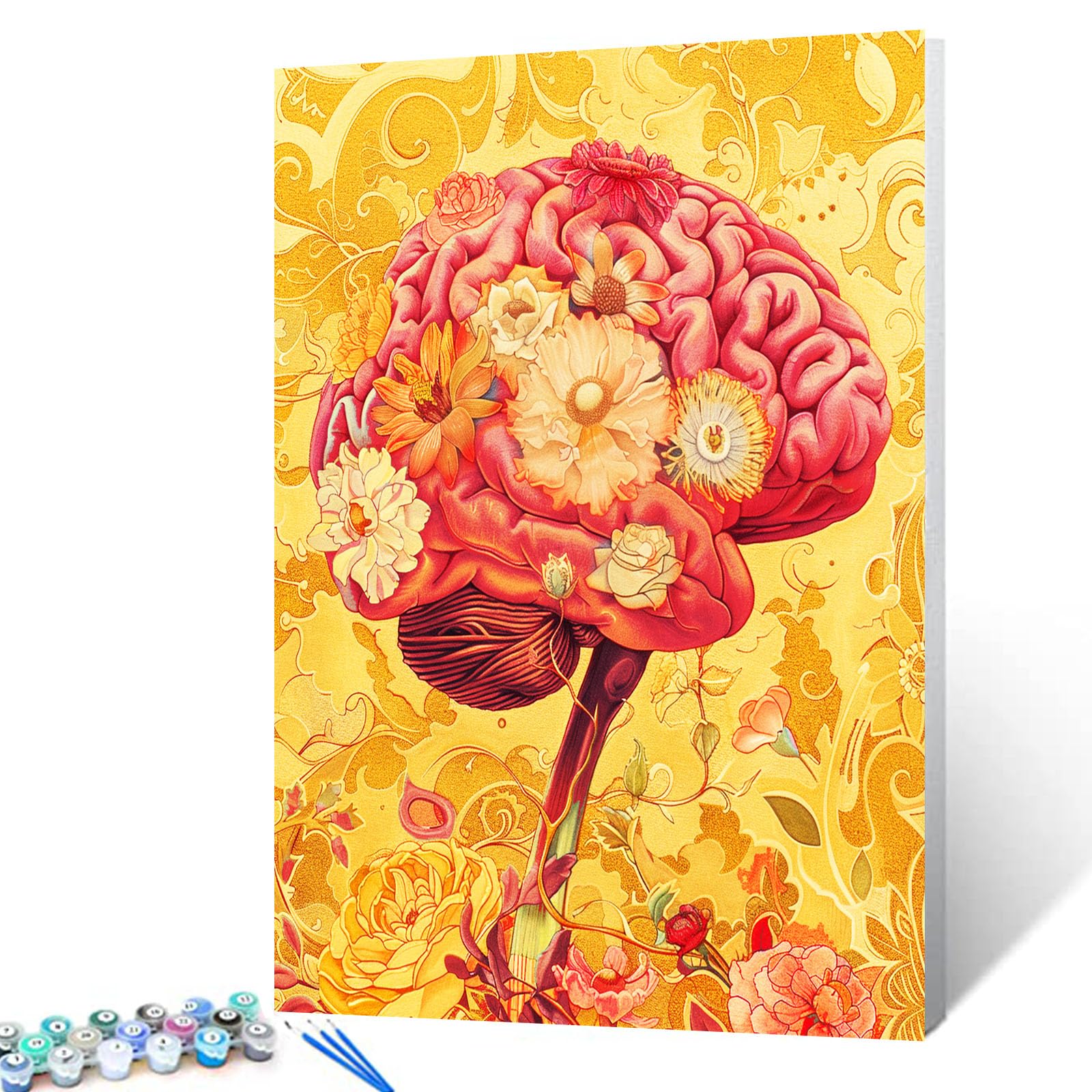 Brain Blooming with Flowers Paint by Number for Adults On Canvas DIY Red Brain Oil Painting Kits Acrylic Paints for Home Wall Decor Halloween Horror
