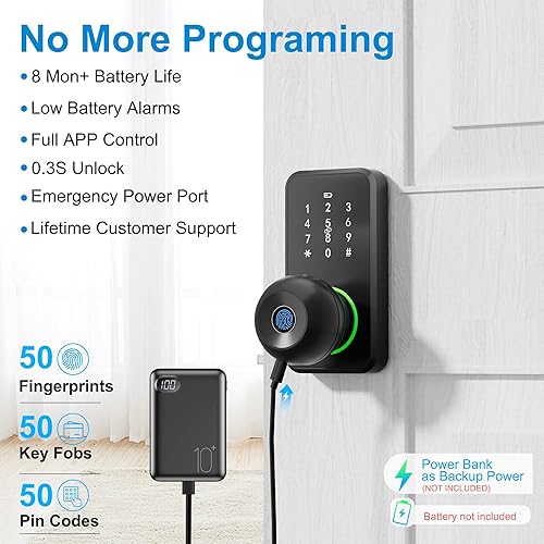 Miniatura 7 de Cerradura de puerta inteligente con perilla, cerradura de huellas dactilares sin llave con teclado de pantalla táctil, perilla electrónica cerradura