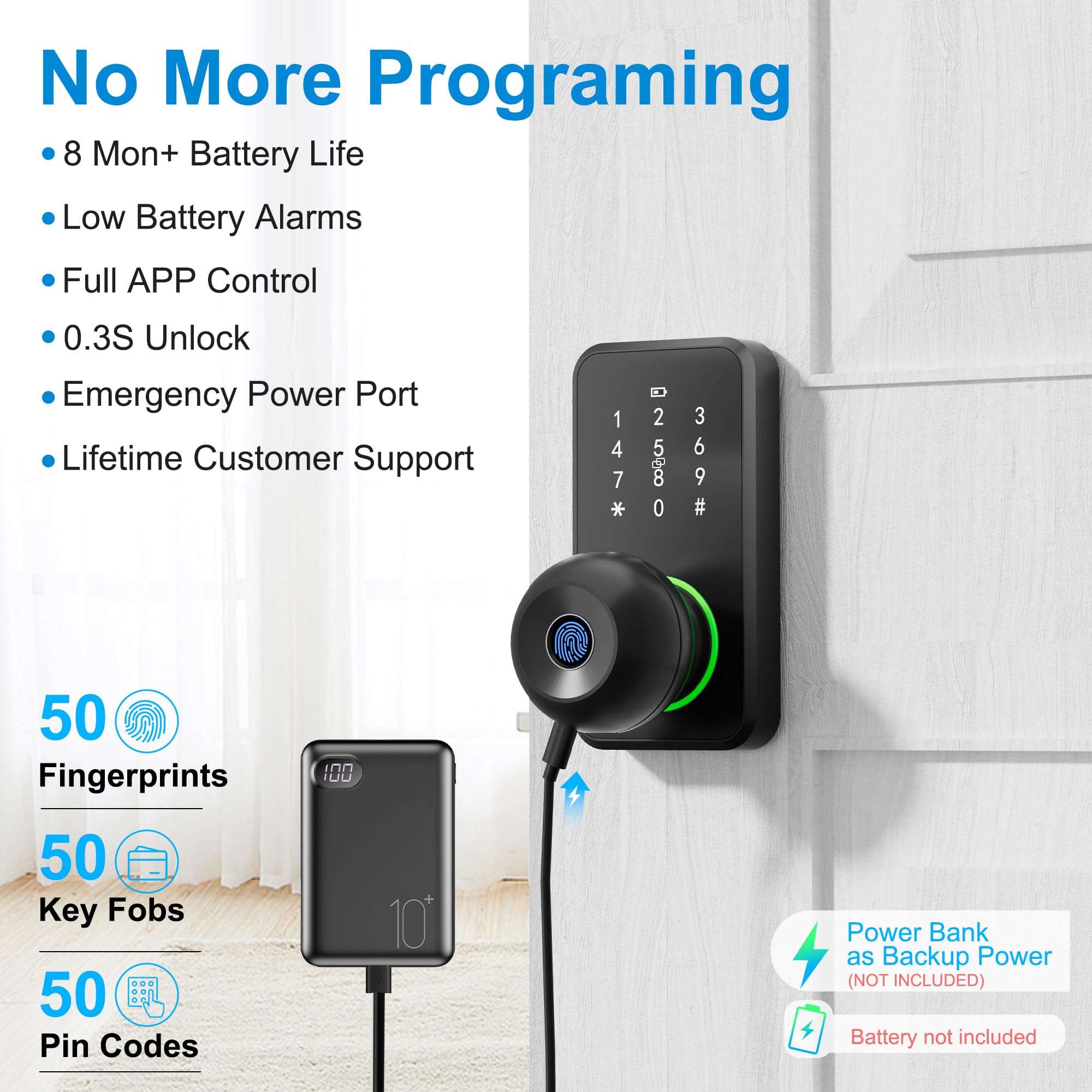 Serrure de porte intelligente avec bouton, serrure à empreintes digitales sans clé avec clavier tactile, bouton électronique pour porte d'entrée, installation facile