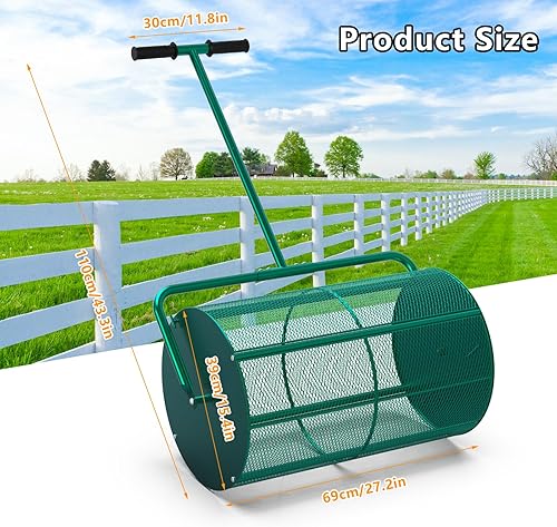 Miniatura 7 de Rodillo esparcidor de compost, esparcidor de musgo de turba de 24 pulgadas, esparcidor de semillas de hierba con mango en T mejorado, esparcidor de