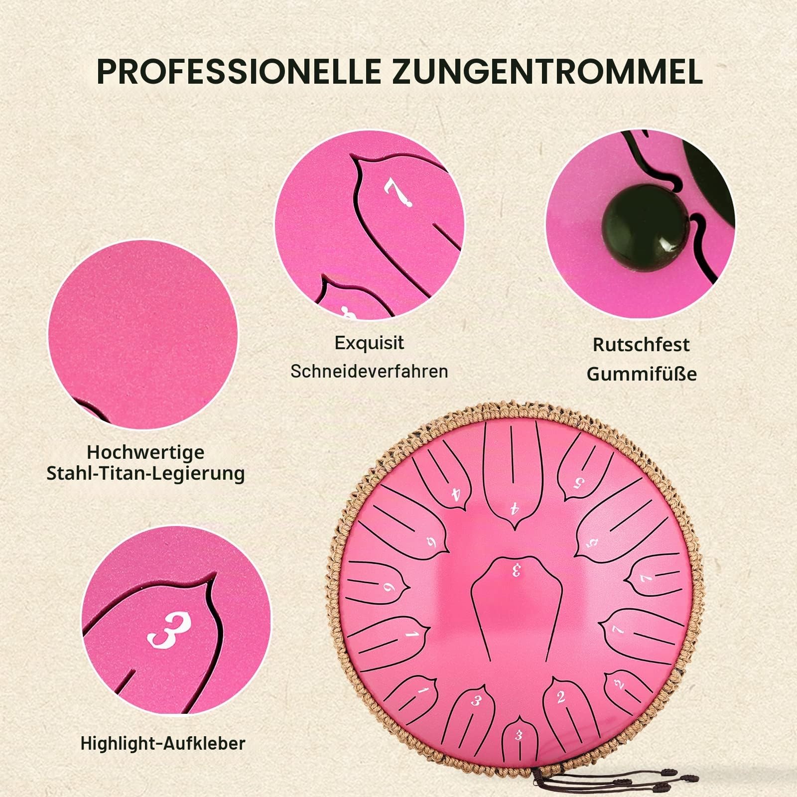 Musfunny Zungentrommel Handpan Steel Tongue Drum: 12 Zoll 15 Tone Stahlzungentrommel D-Dur Handpan Instrument mit Musikbuch Tragetasche für Geburtstagsgeschenk Meditation Yoga (Rosa)