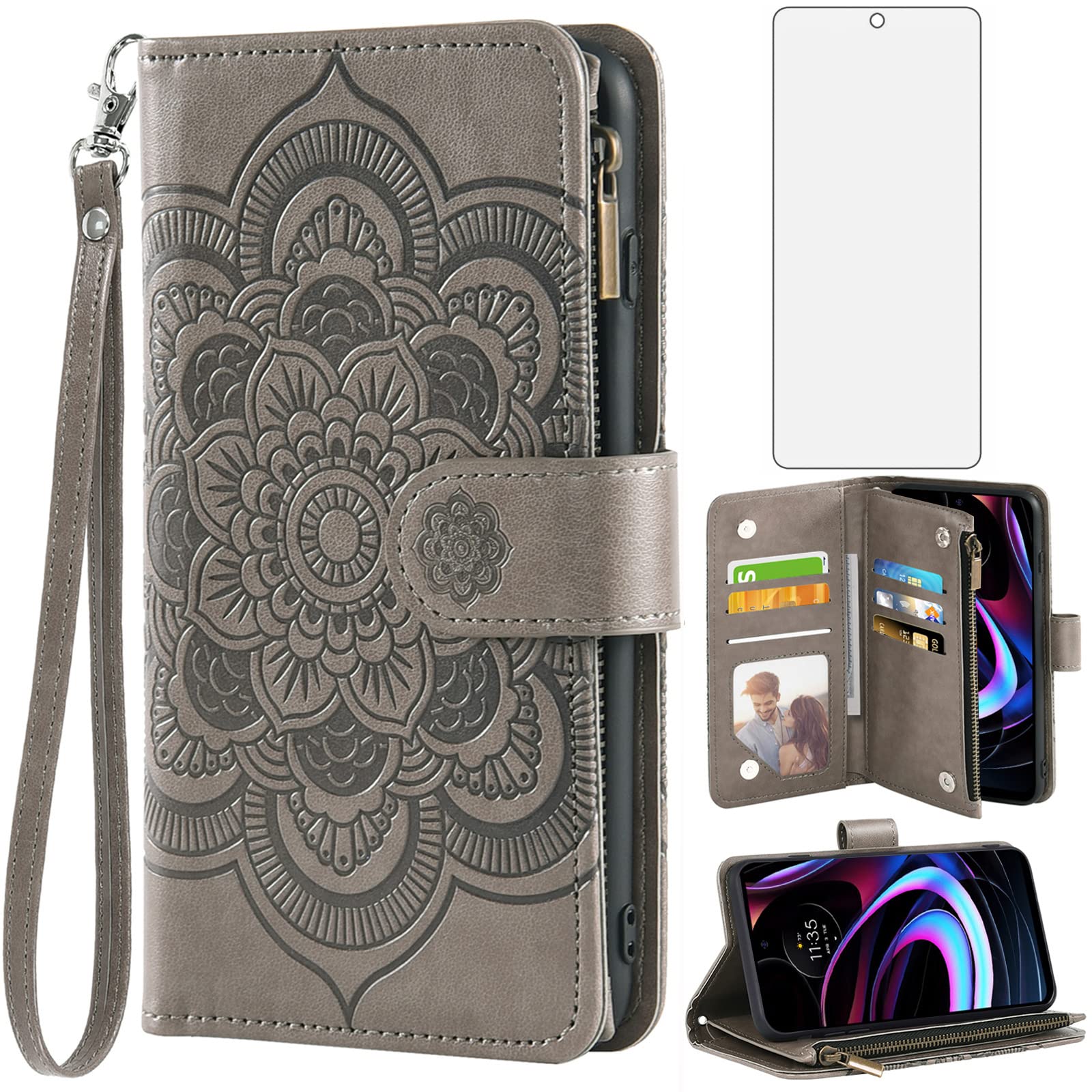 Asuwish Phone Case for Motorola Moto Edge 2021/MotoEdge 5G UW Wallet Cover with Tempered Glass Screen Protector and Flower Flip Credit Card Holder