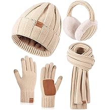 Winter Hat Gloves Scarf Earmuffs Set for Women, Fleece Lined Beanie Long Scarf Touchscreen Gloves Ear Warmer, 4 in 1 Gift Set