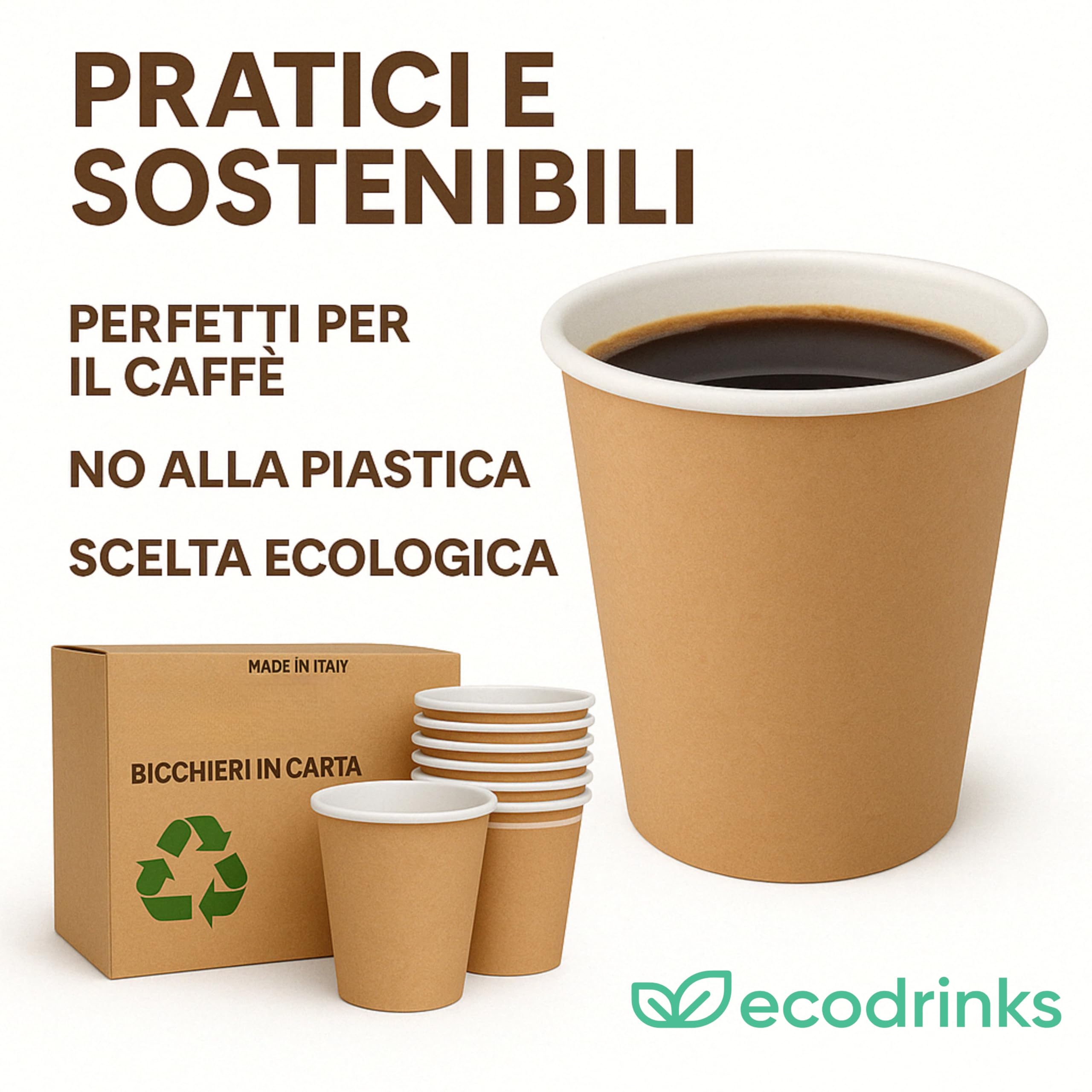 ecodrinks - 500 Bicchieri Caffe Carta Da 90ml - Set Bicchierini Monouso per Bevande Calde/Fredde - Biodegradabili, Eco-friendly e Made in Italy, Avana