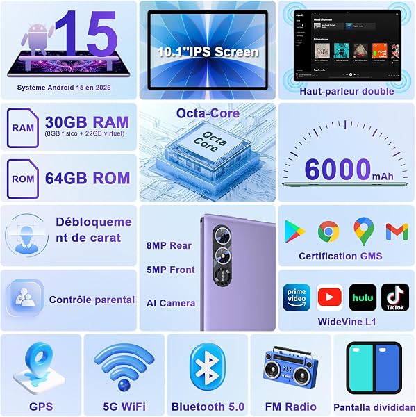 Android 15 Tablette 10 Pouces avec Gemini AI, Octa-Core Tablettes PC, 30 GO RAM+ 64 GO ROM (1TO TF), 3.5mm Audio/ WiFi 6 & BT 5.0 / 6000mAh /GPS/Widevine L1,Tablettes avec Clavier+Souris et Cas-violet - 5