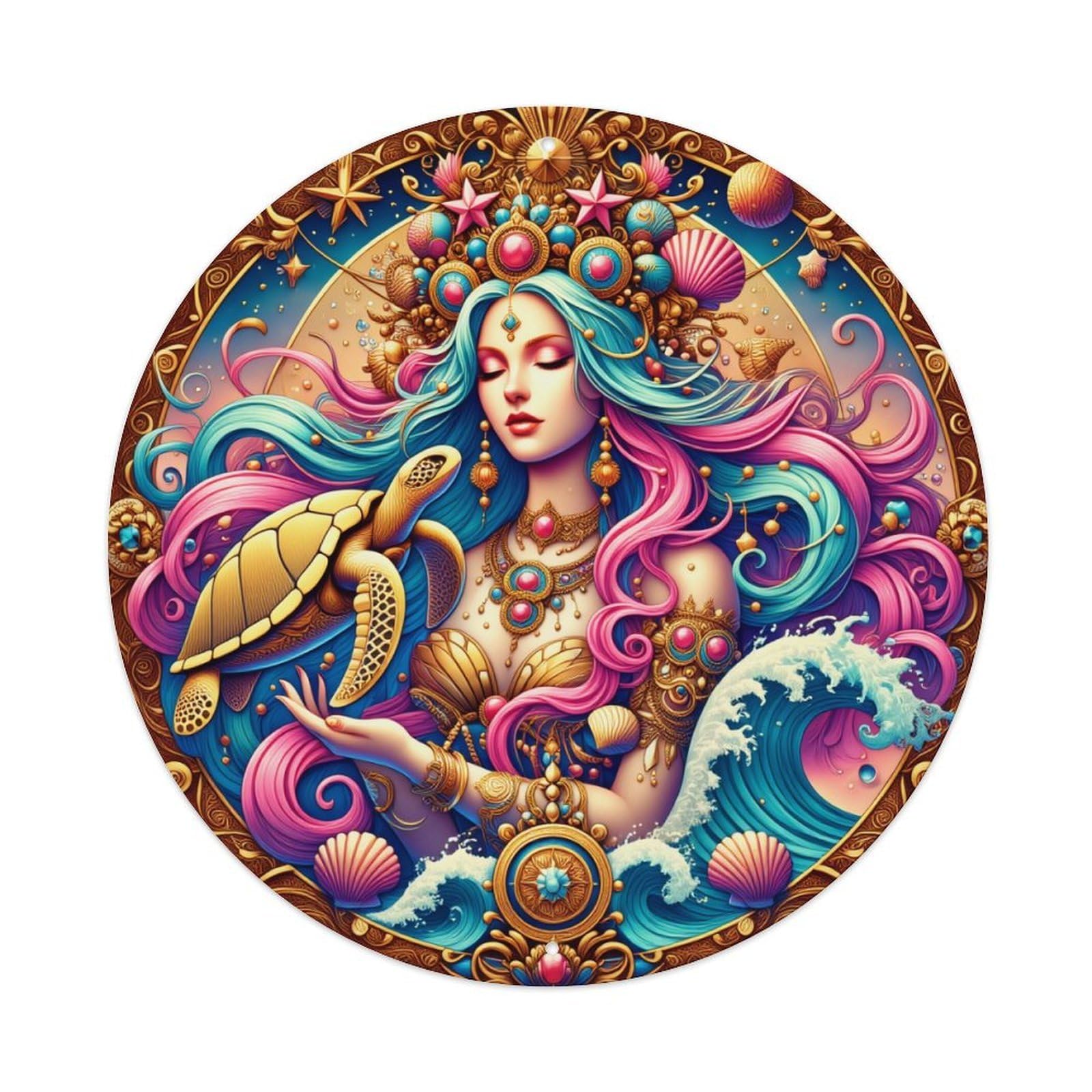 Oceanic Goddess With Turtle And Waves Round Tin Sign Vintage Metal Poster, Home Bar Garage Man Cave Cafe Indoor & Outdoor Wall Decoration 8x8Inches
