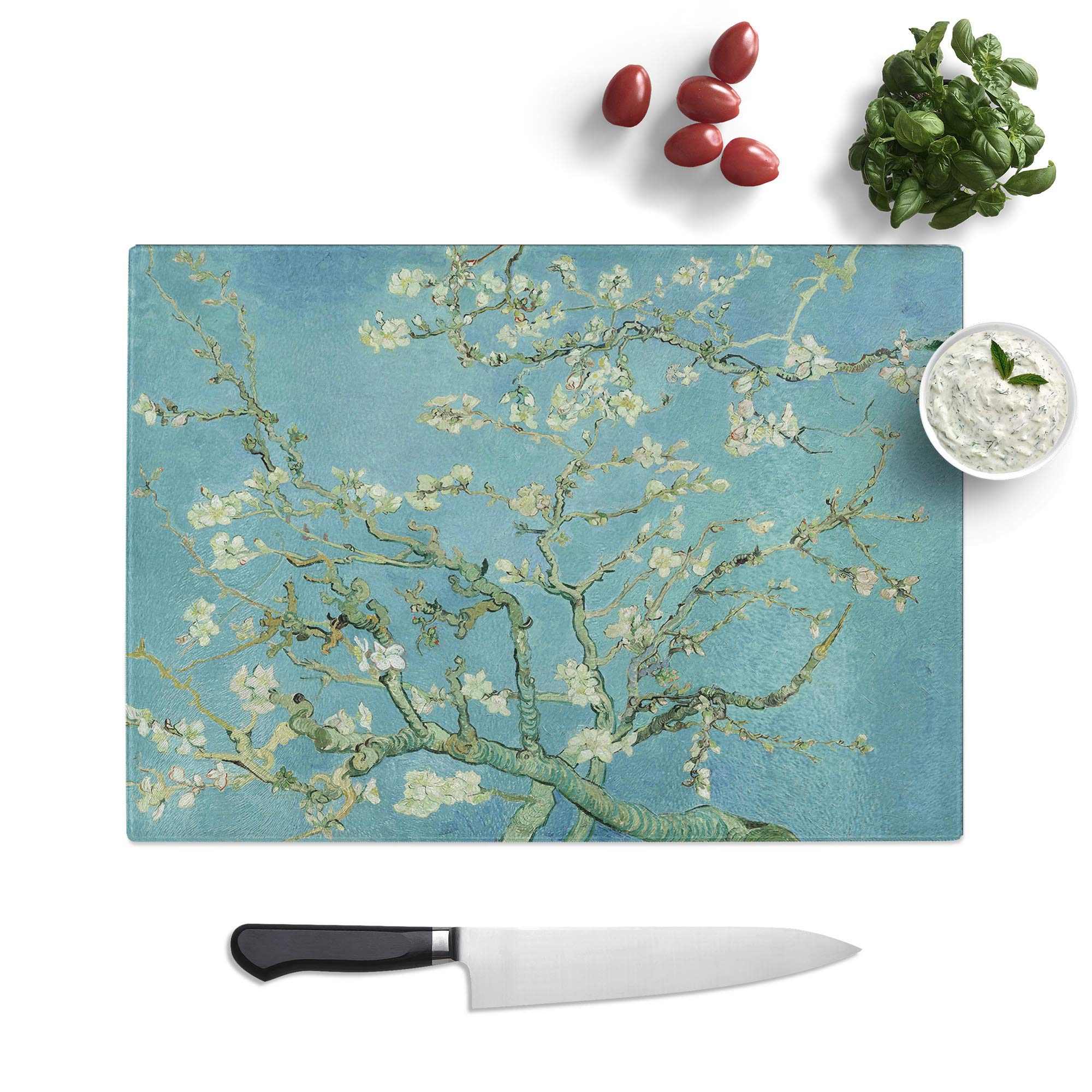Kitchen Chopping Board Glass - Vincent Van Gogh Blossoming Almond Branches (2) - Textured Worktop Saver Cutting Board - Heat Resistant, Shatterproof and Hygenic - 28.5 x 20 cm