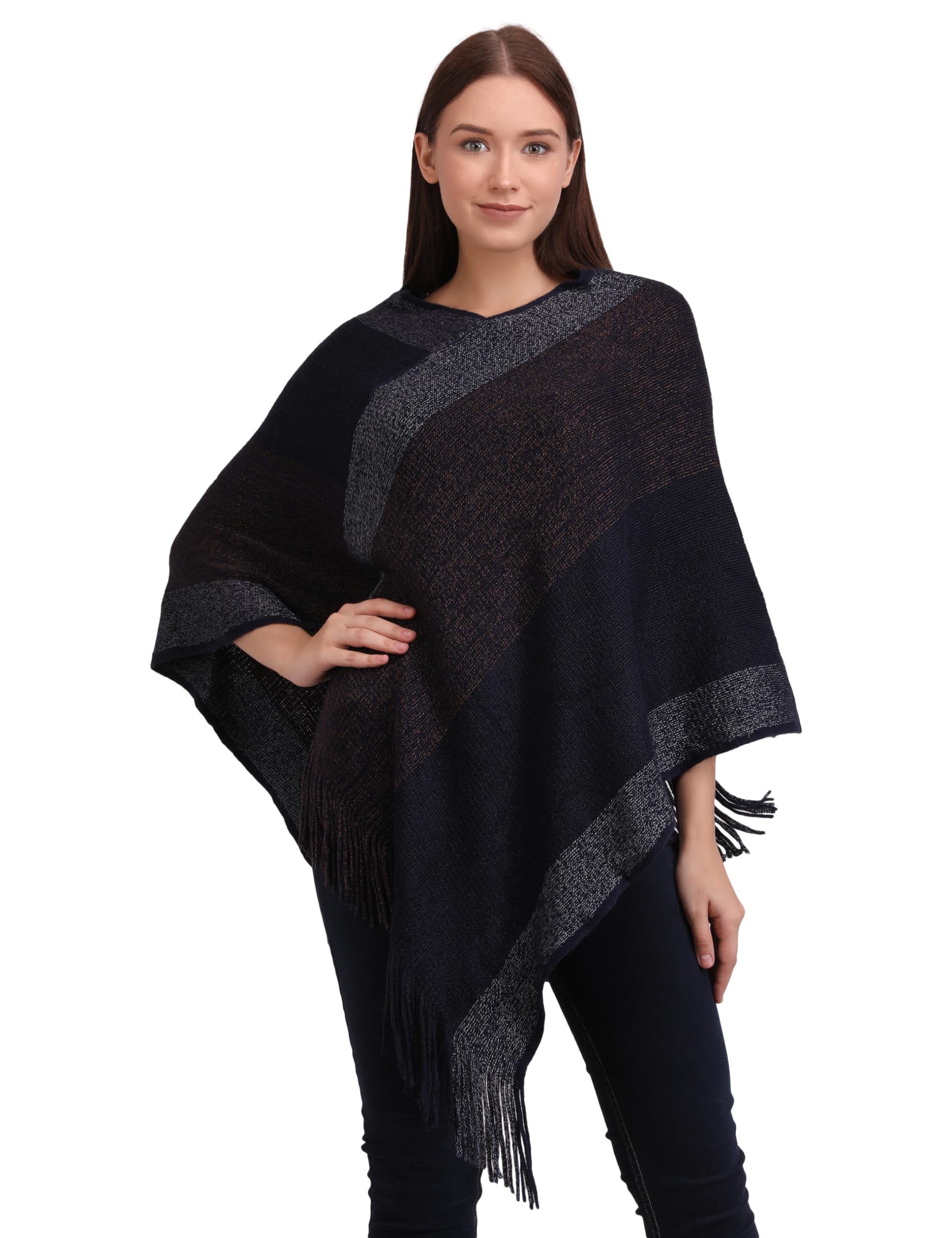 Womens Poncho Sweater V Neck Knitted Striped Pattern Lightweight Pullover Shawls Wraps Capes with Fringes Gifts for Women Girls-picture-28